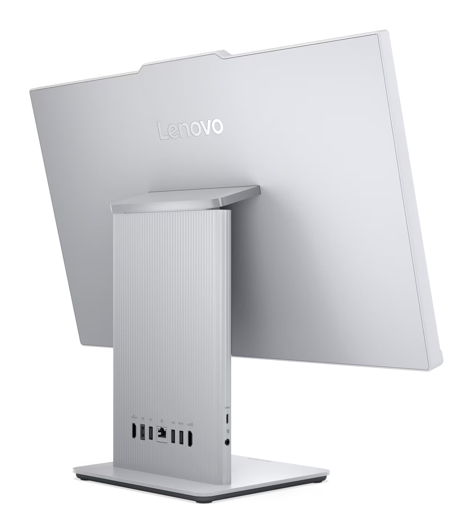 Widok z tyłu srebrnego komputera Lenovo all-in-one. Stojak posiada porty i połączenia.
