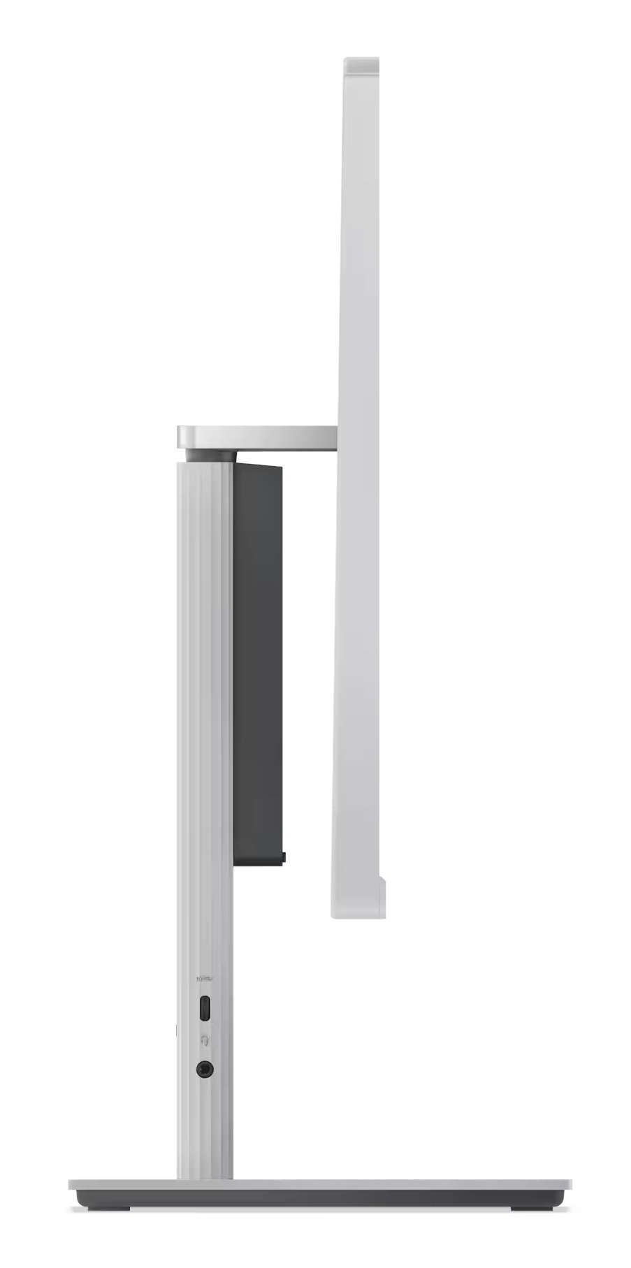 Widok z boku białego monitora komputerowego z czarną podstawą i pionową konstrukcją.