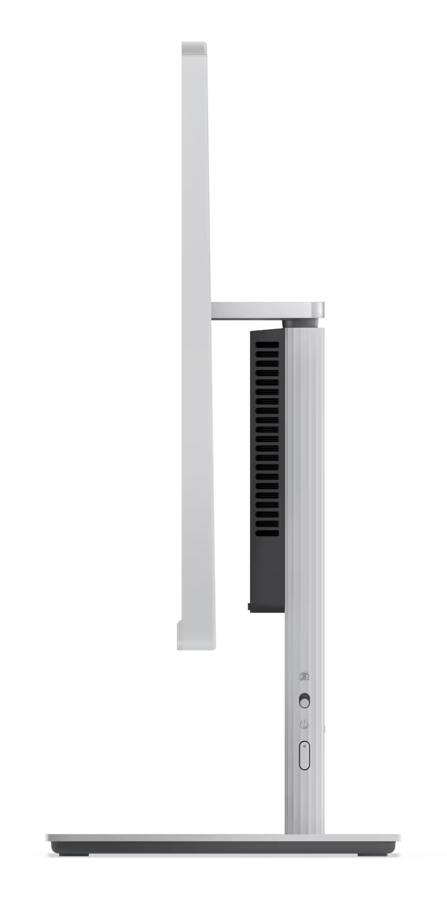 Widok z boku białego monitora ze srebrną podstawą. Monitor ma czarny tył.