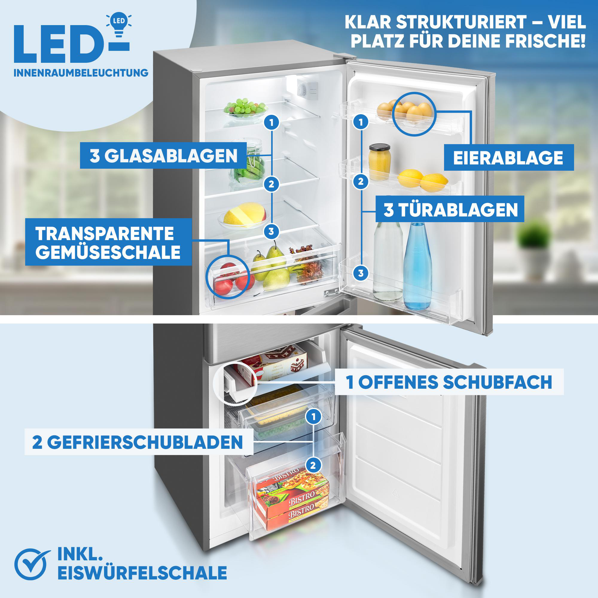Ein Kühlschrank mit offenen Türen, die Regale und Lebensmittel zeigen.