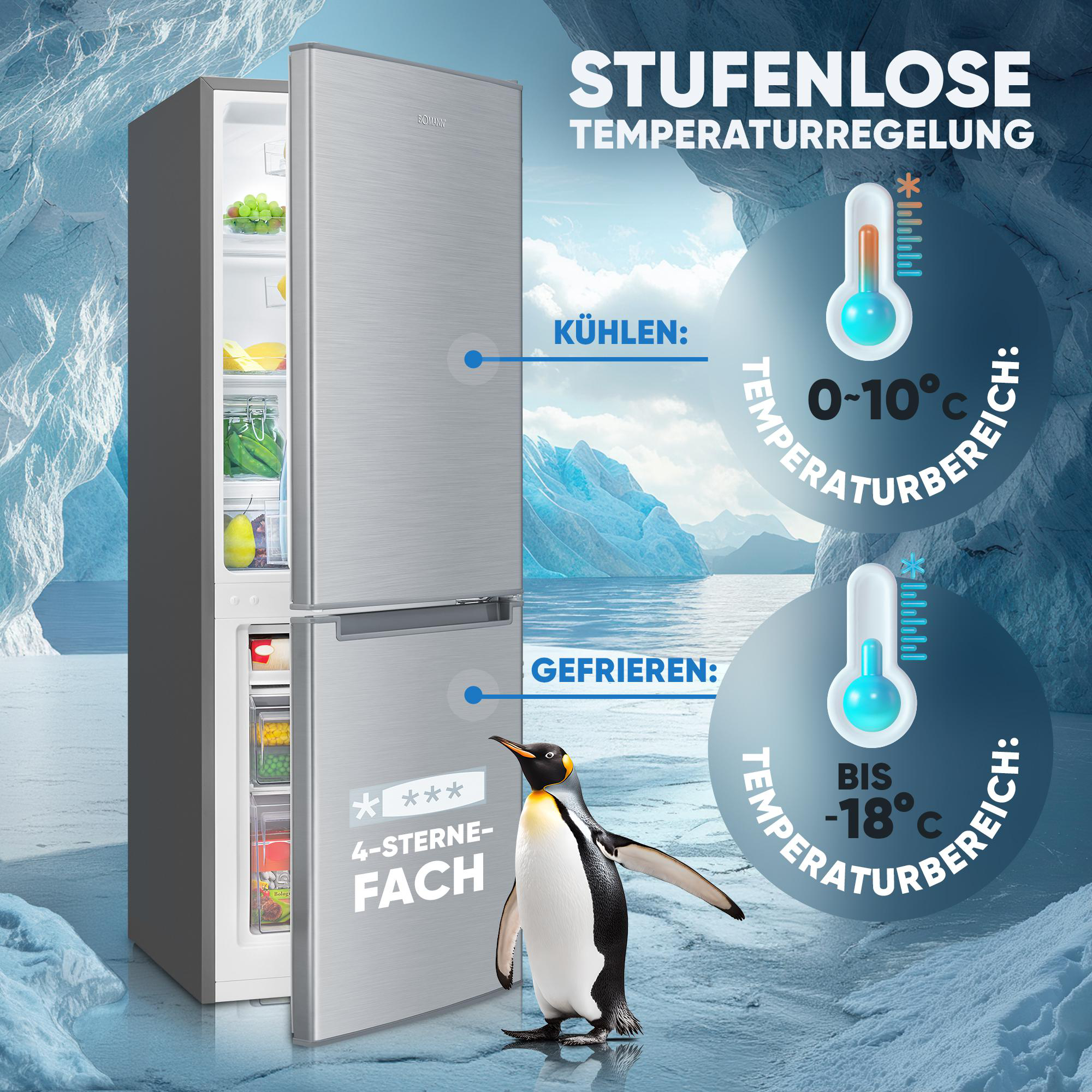 Ein Kühlschrank mit geöffneten Türen. Ein Pinguin steht neben dem Gefrierfach. Das Bild zeigt Temperaturbereiche.