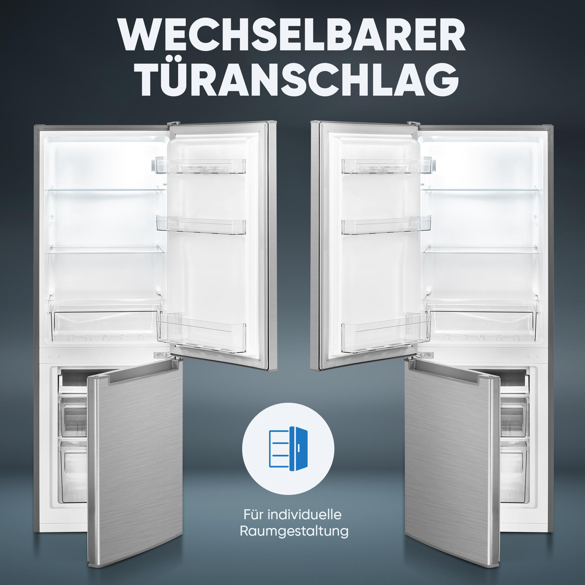 Kühlschrank mit offenen Türen. Text auf Deutsch über Türdesign.