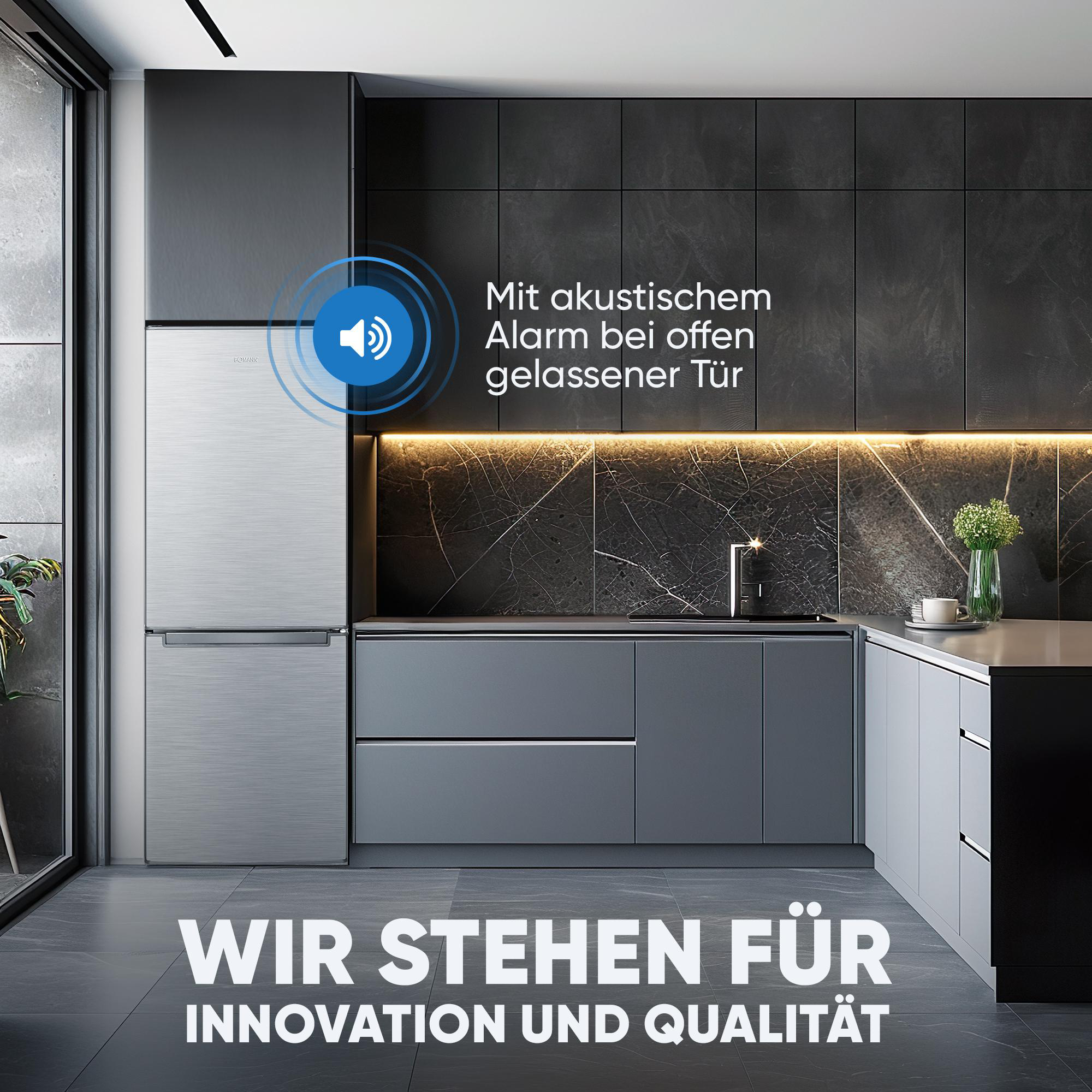 Moderne Küche mit silbernem Kühlschrank. Text: 'Wir stehen für Innovation und Qualität'.