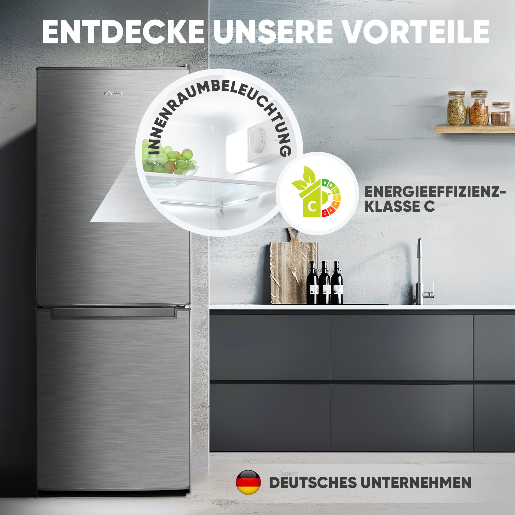 Ein silberner Kühlschrank mit dem sichtbaren Energieeffizienzlabel der Klasse C.