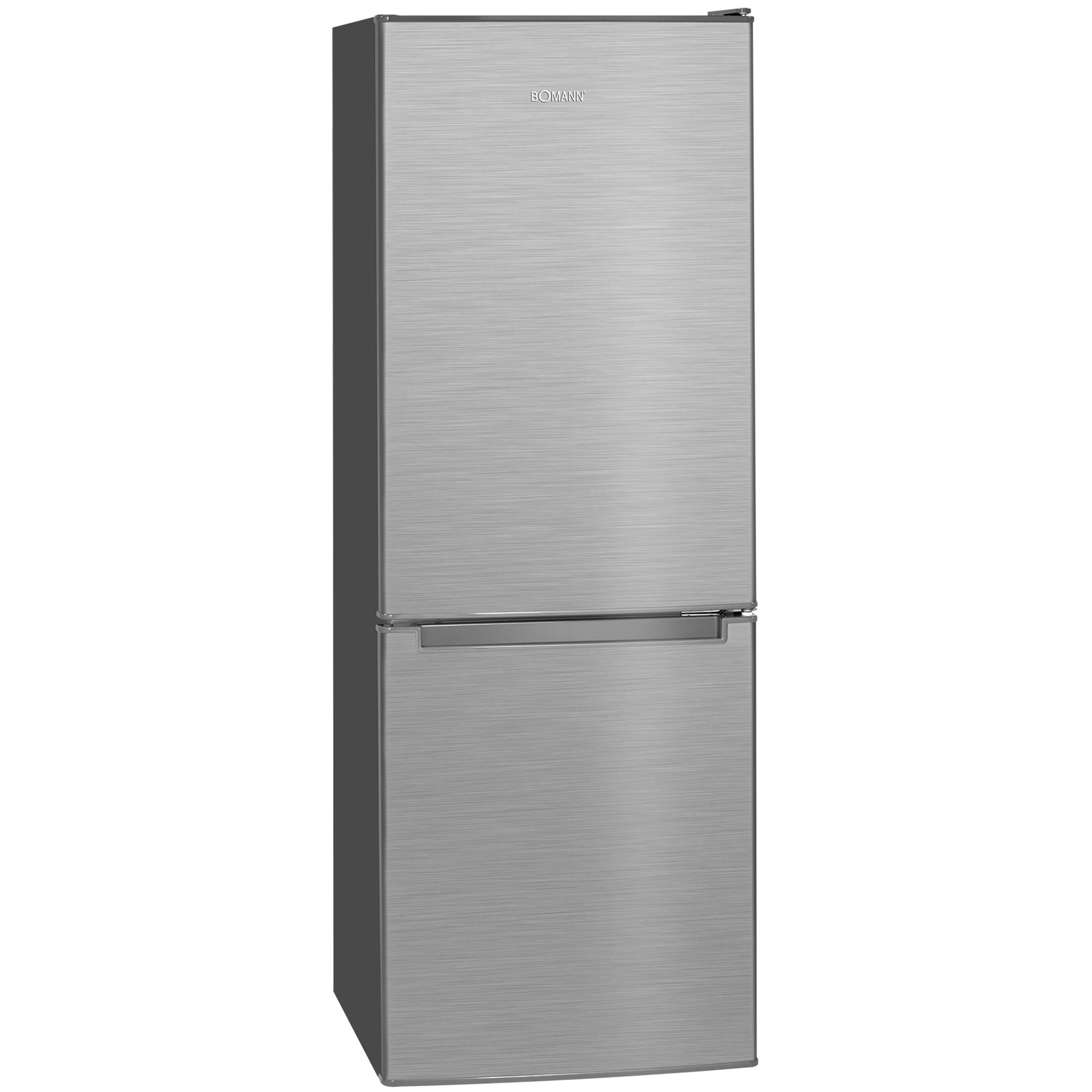 Ein silberfarbener Kühlschrank mit zwei Türen. Die untere Tür ist etwas kleiner.