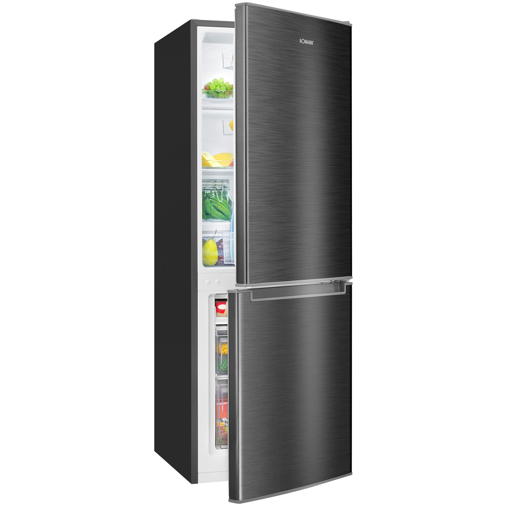 Ein schwarzer Kühlschrank mit geöffneter Tür, der Obst und Gemüse zeigt. Der Markenname ist sichtbar.