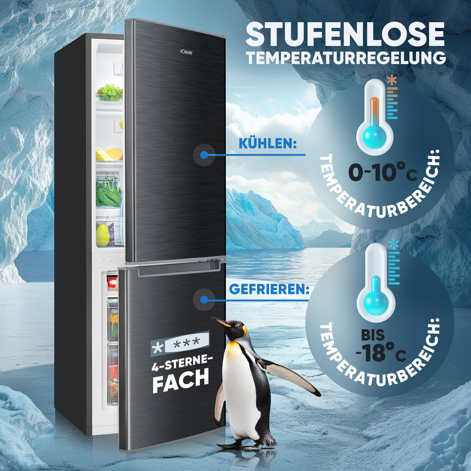 Ein schwarzer Kühlschrank mit offener Tür. Ein Pinguin steht neben dem Gefrierfach. Temperaturangaben sind angezeigt.