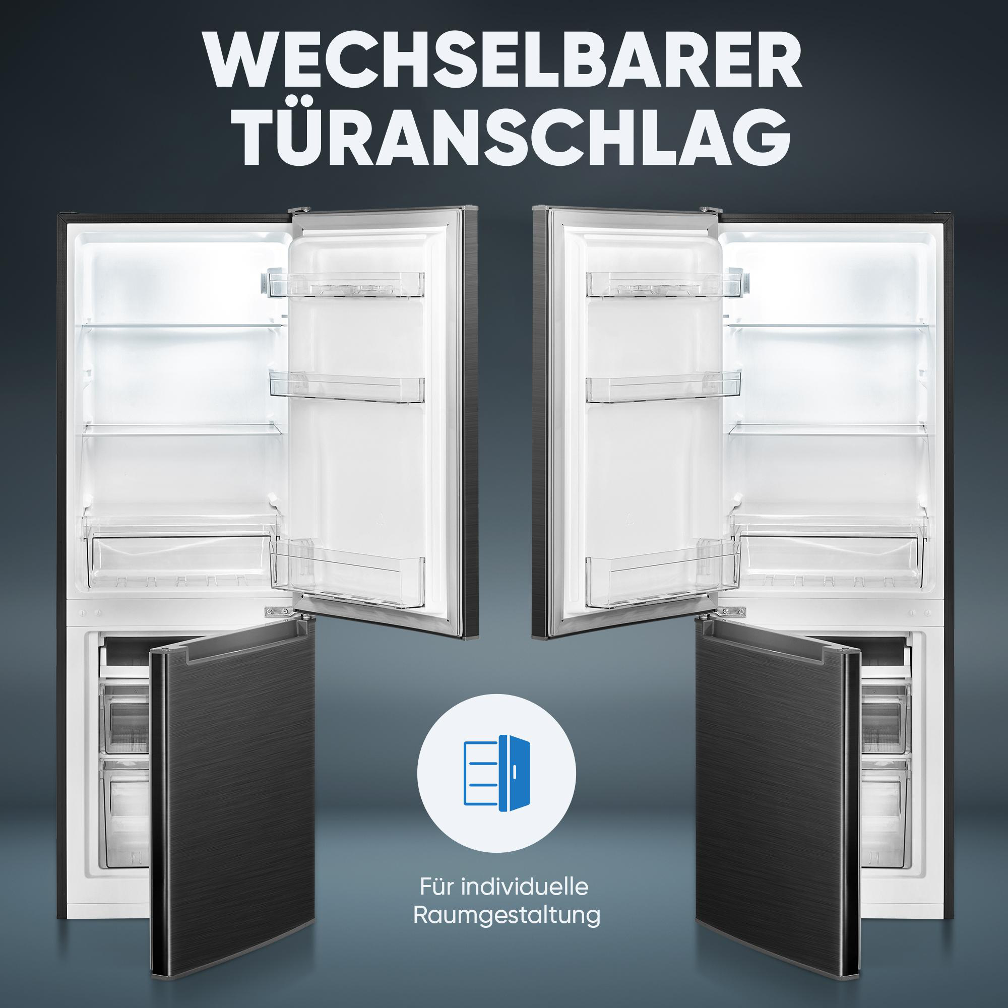 Ein Kühlschrank mit zwei geöffneten Türen, der Regale und Schubladen zeigt. Text oben: 'WECHSELBARER TURANSCHLAG'.
