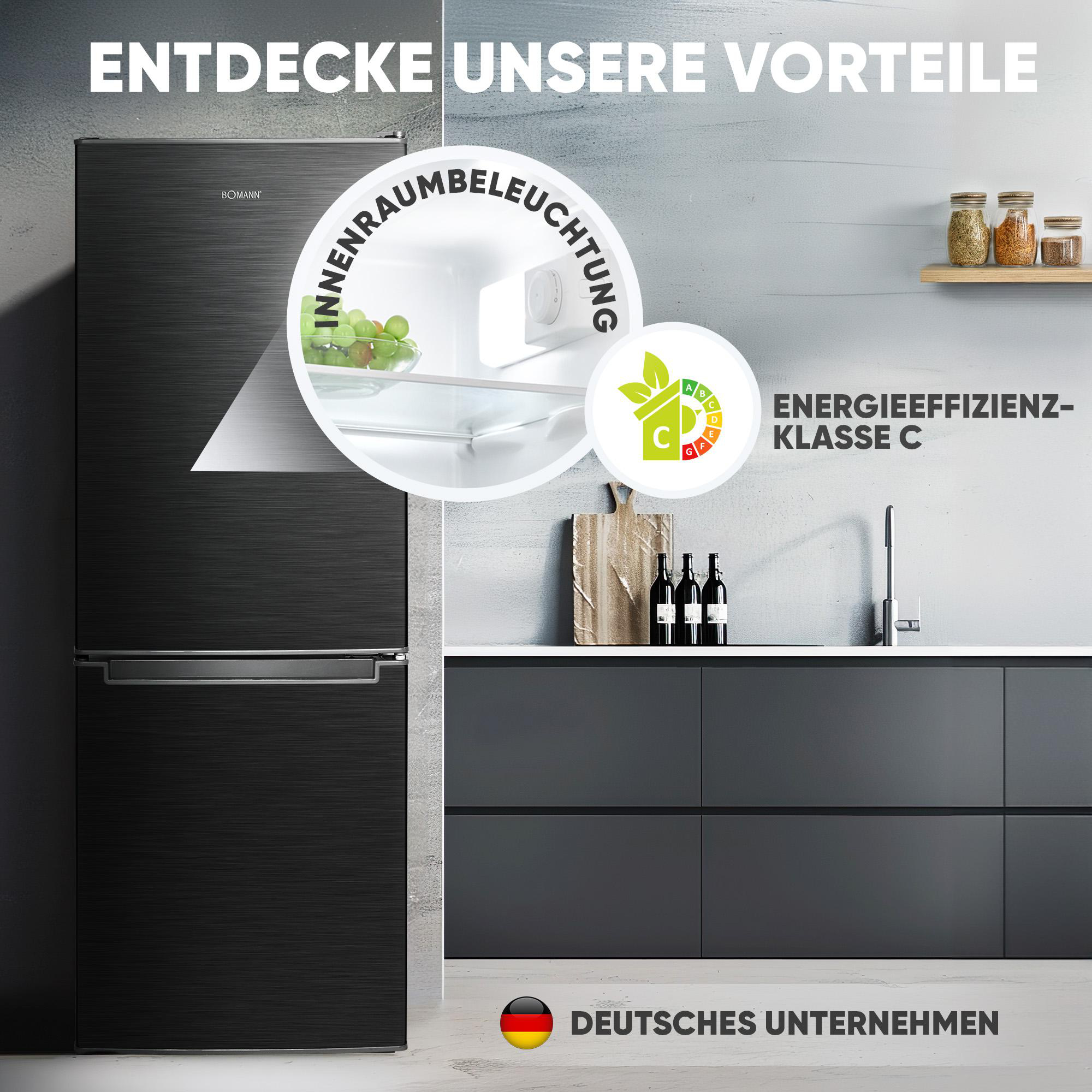 Schwarzer Kühlschrank mit Innenbeleuchtung. Energieeffizienzklasse C. Logo eines deutschen Unternehmens.