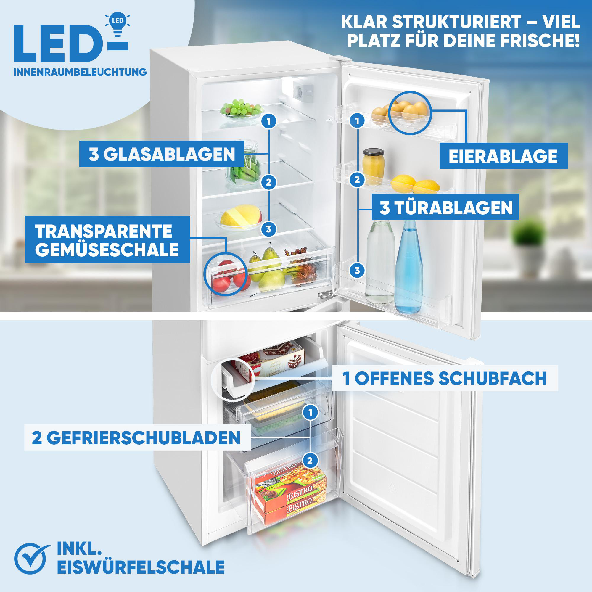 Ein offener weißer Kühlschrank mit Regalen und Schubladen, gefüllt mit Lebensmitteln. Beschriftungen zeigen Funktionen.
