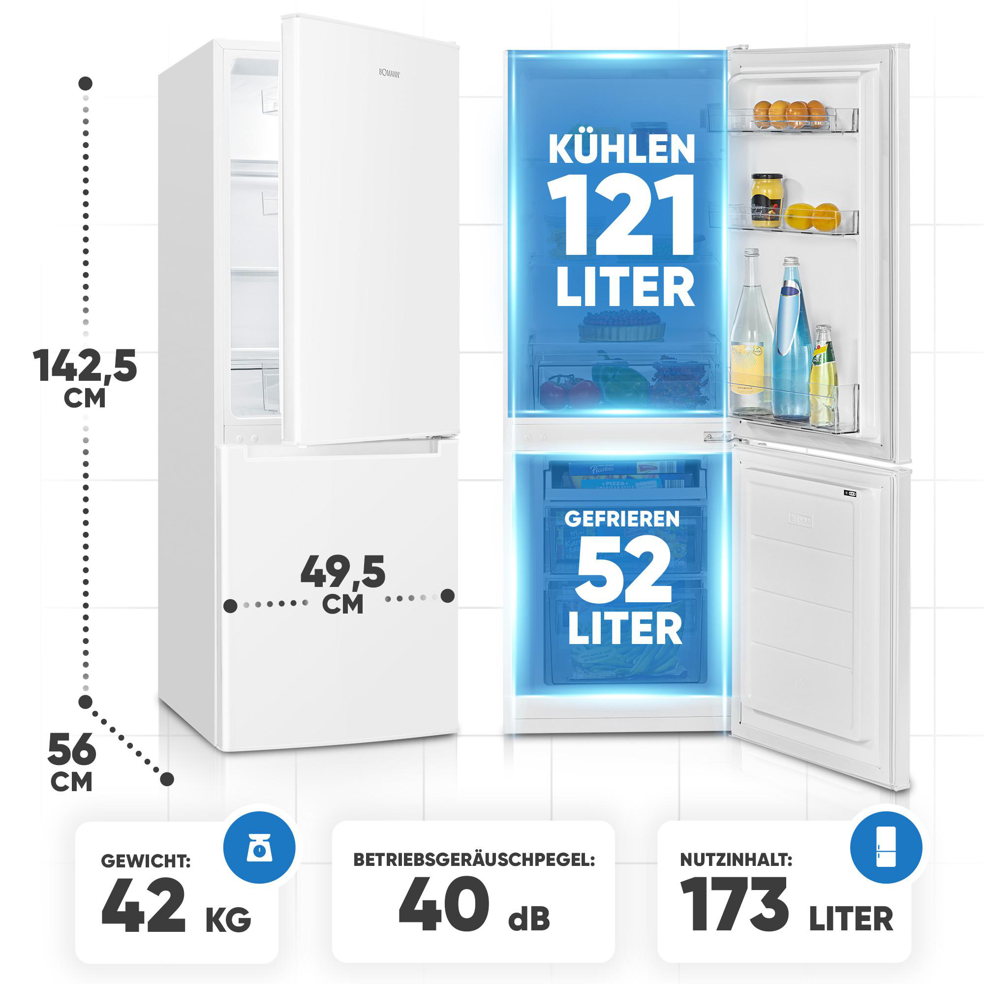 Weißer Kühlschrank mit offenen Türen, Regale mit Lebensmitteln, Literangaben, Maßen, und Gewicht.