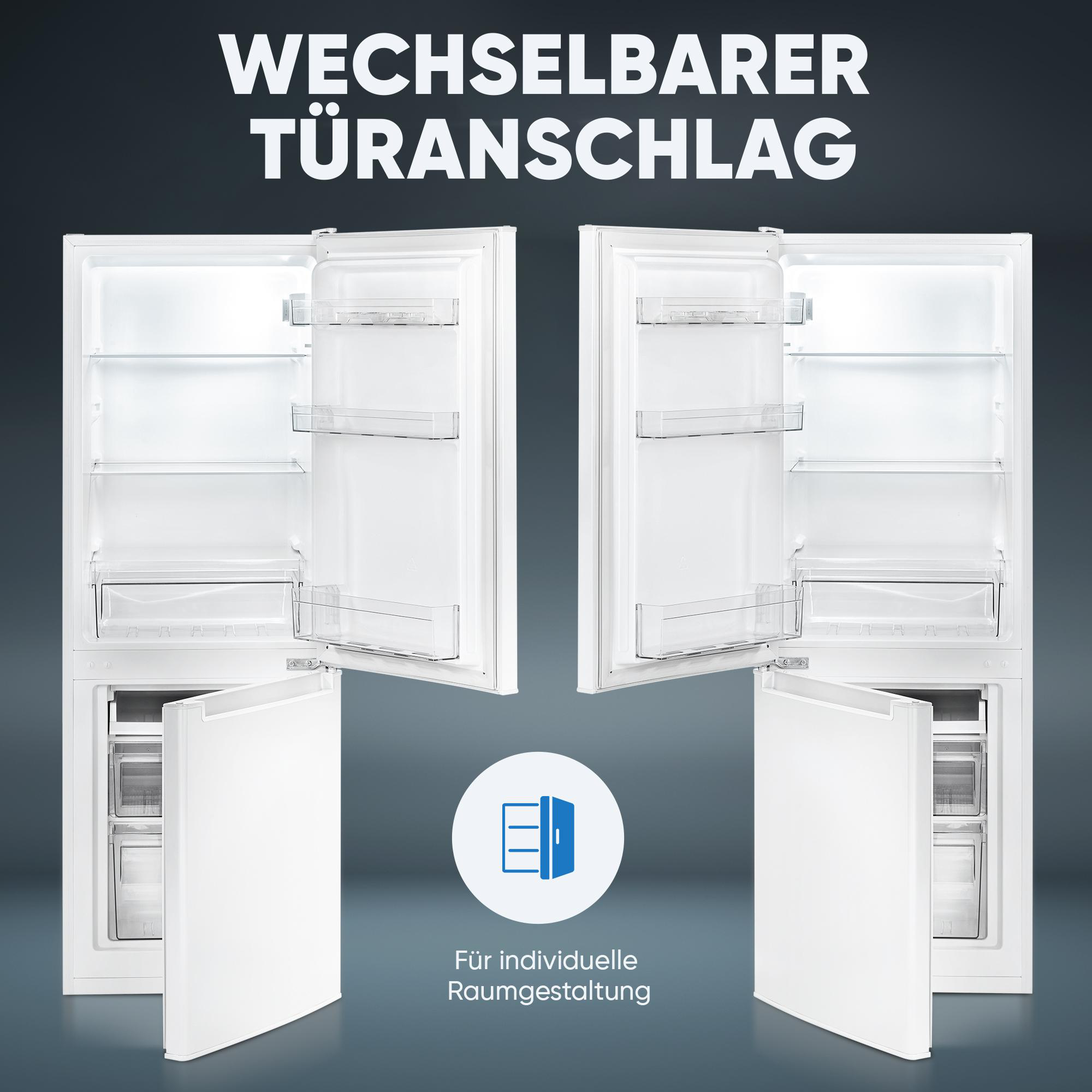 Ein weißer Kühlschrank, Türen geöffnet. Oben steht 'WECHSELBARER TÜRANSCHLAG'. In der Mitte ein Logo mit einer Tür.