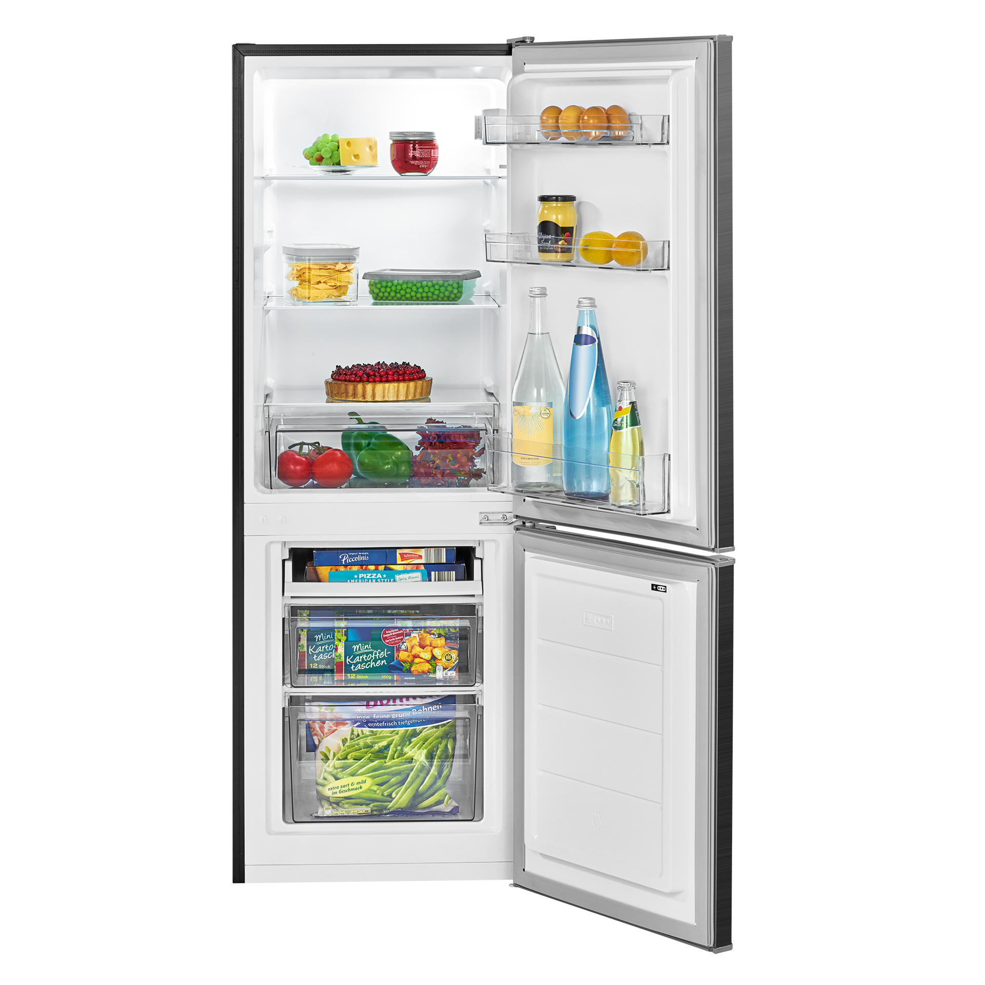 Offener Kühlschrank mit Lebensmitteln wie Eiern, Gläsern, Gemüse, Wasserflaschen und Tiefkühlkost im Gefrierfach.