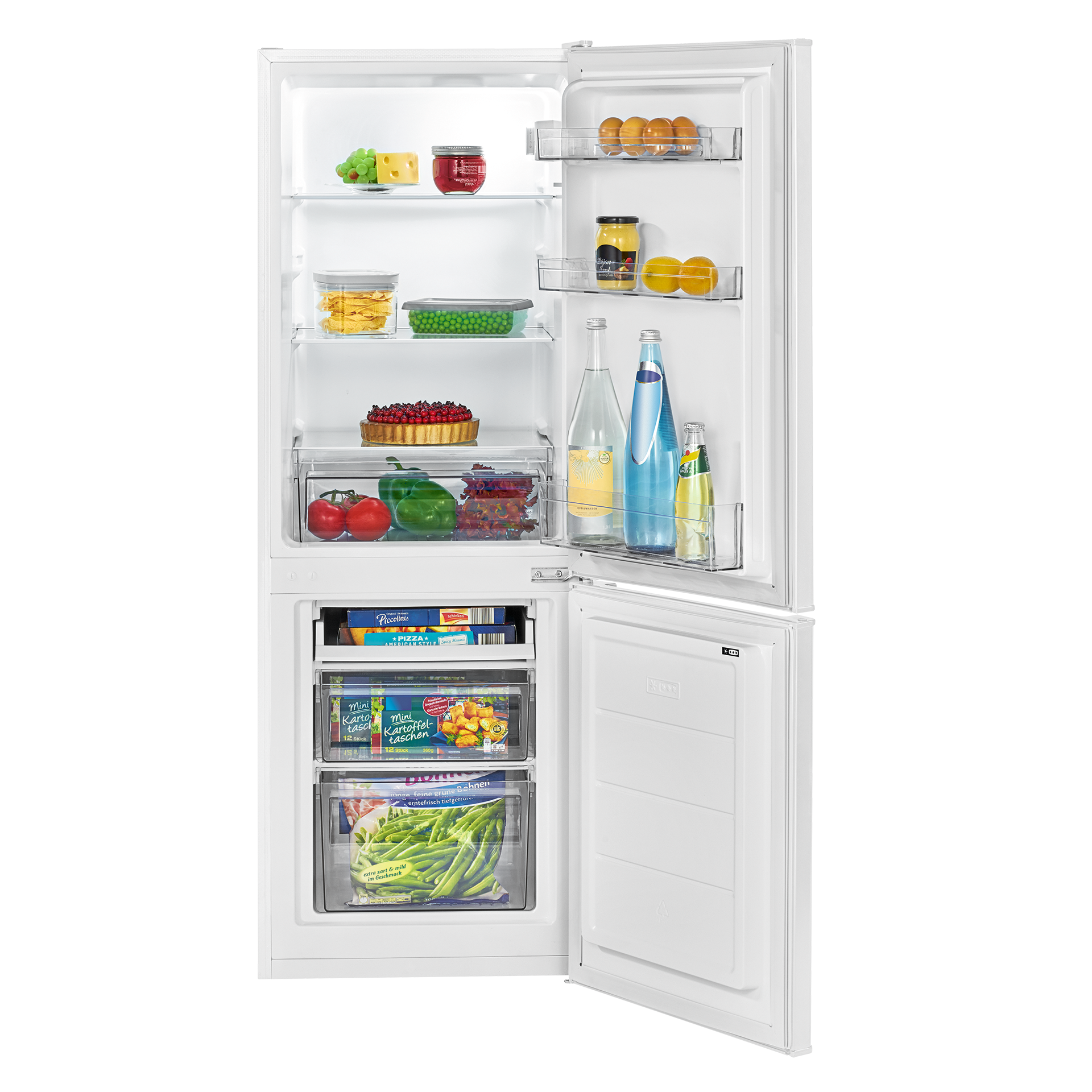 Offener Kühlschrank mit Lebensmitteln: Eier, Gemüse, Obst und Getränke. Gefrierfach mit Pizza, Bohnen und Kartoffeltaschen.