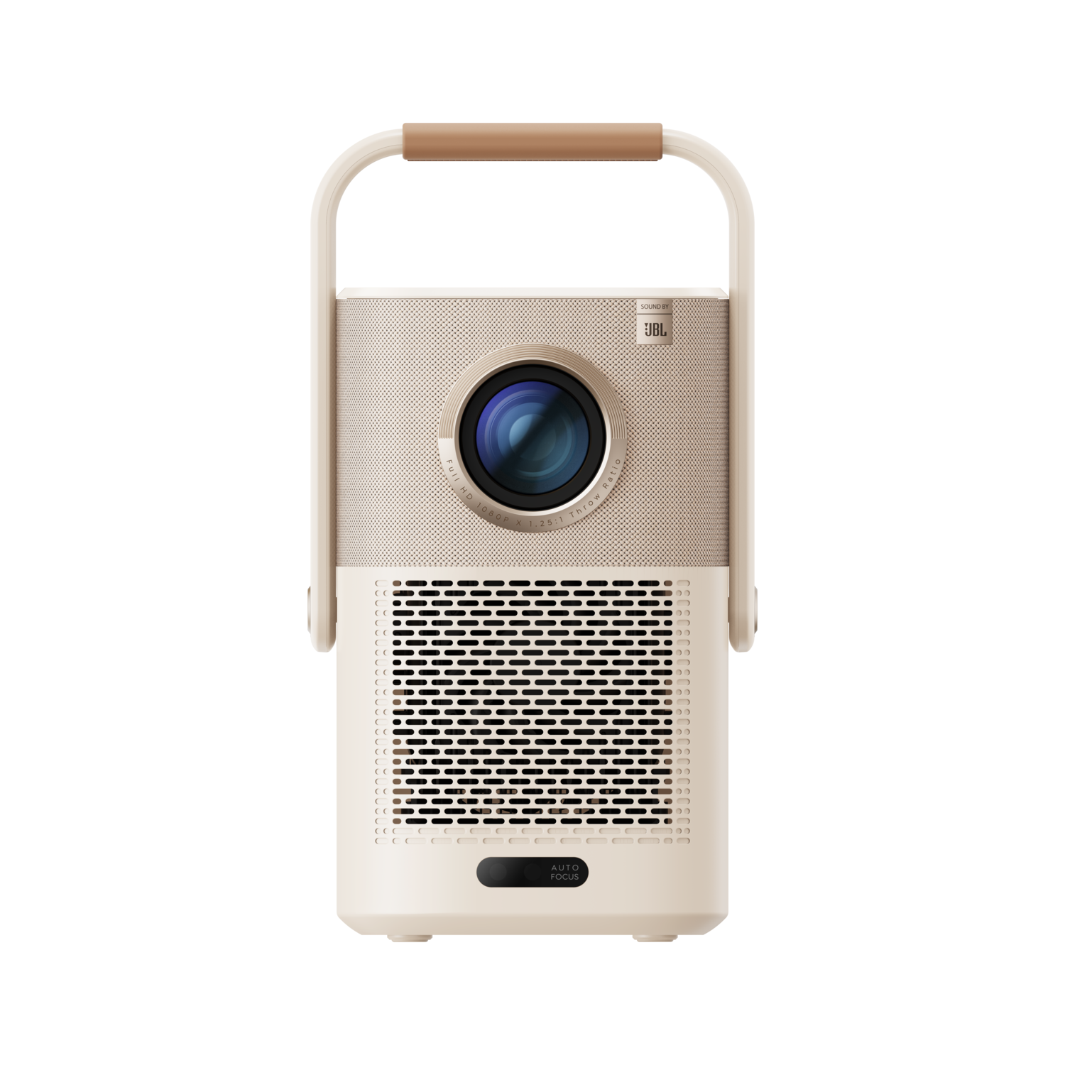 Beige draagbare projector met handvat, lens en luidspreker. Witte achtergrond.