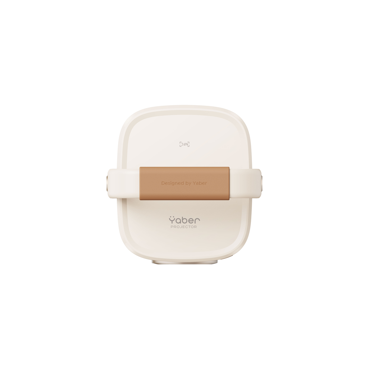 Een witte en bruine Yaber-projector, bovenaanzicht, met de merknaam en een handvat.