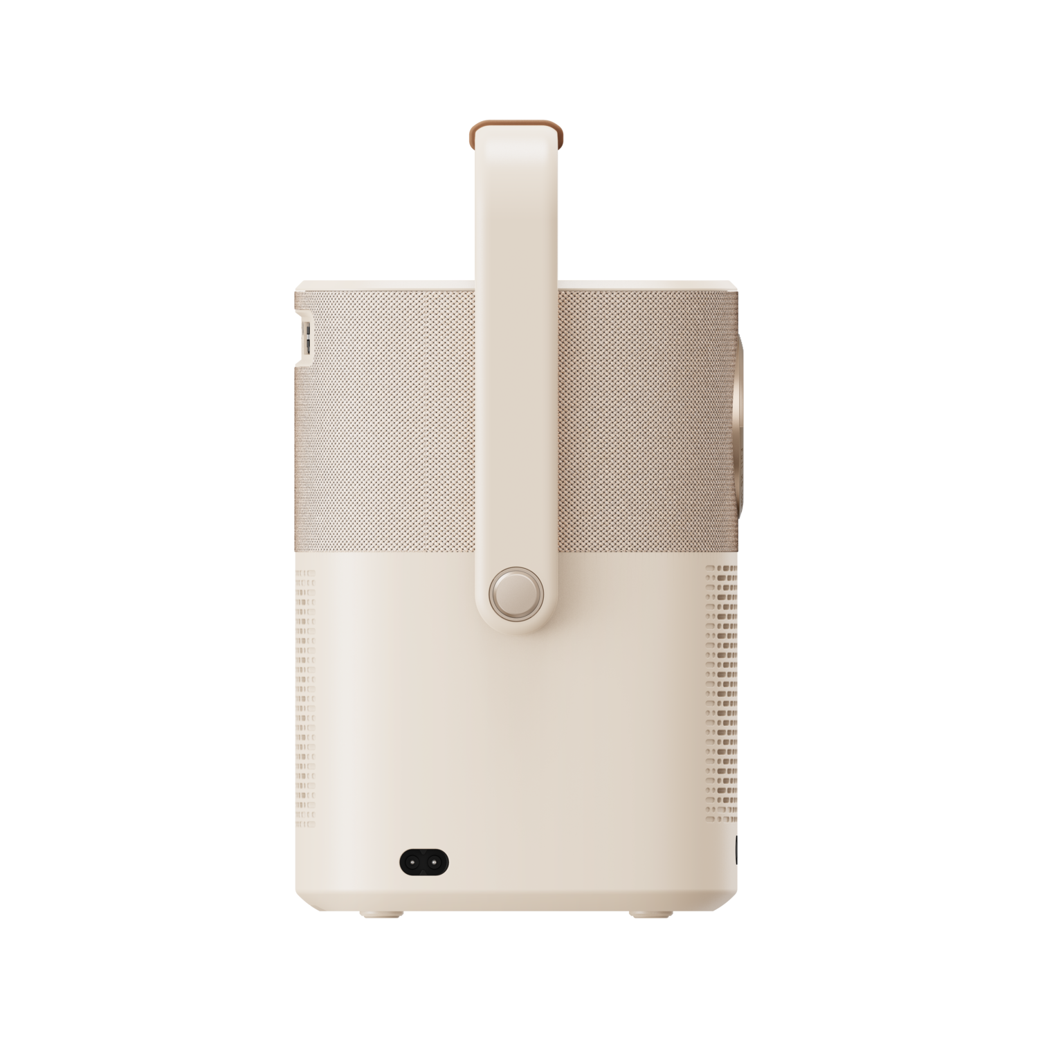 Beige projector met handvat. De achterkant heeft een luidspreker en een stroomingang. Handvat is bruin.