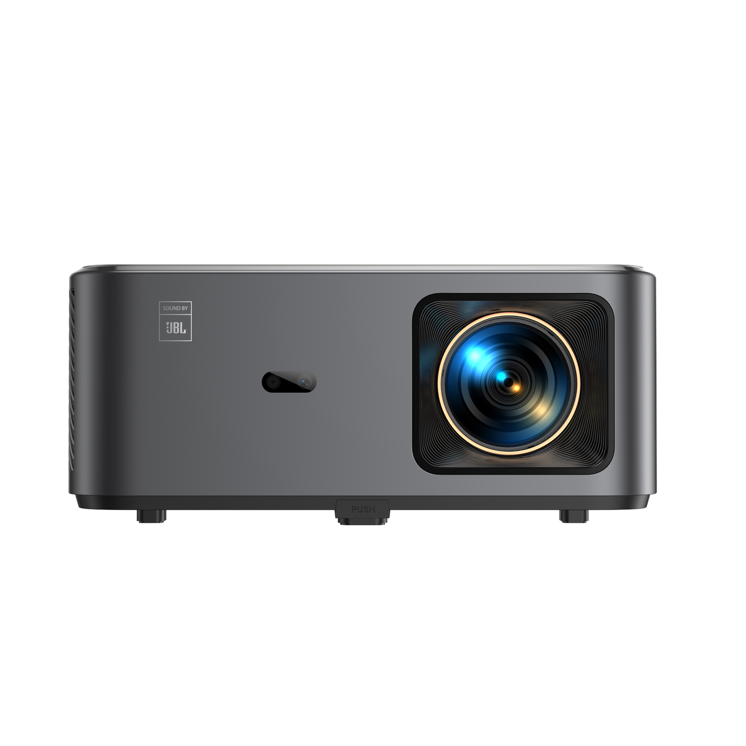 Gray projector with a light beam. JBL logo. White background.