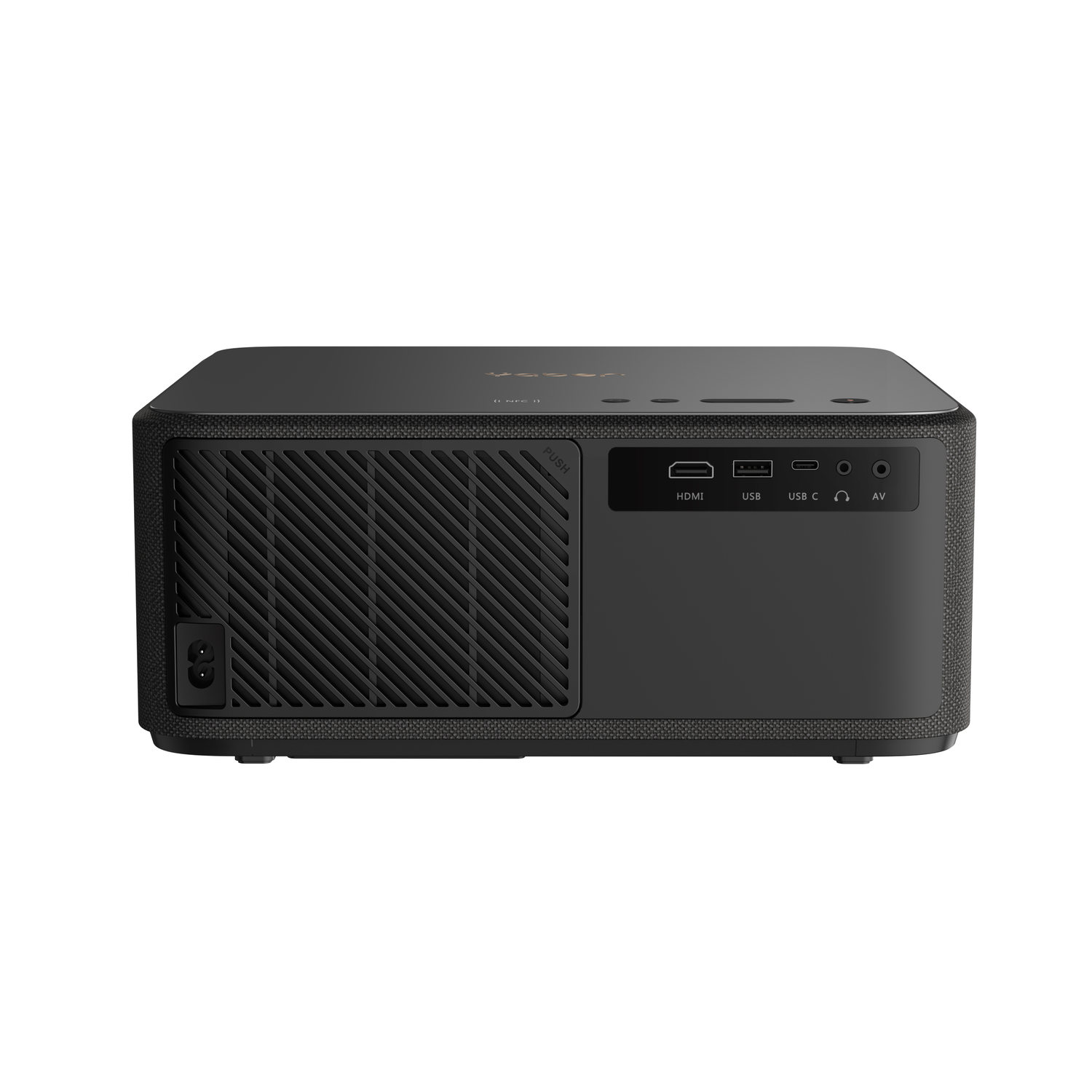 Black projector with ports: HDMI, USB, USB-C, AV. On the left, a power port, isolated on white.