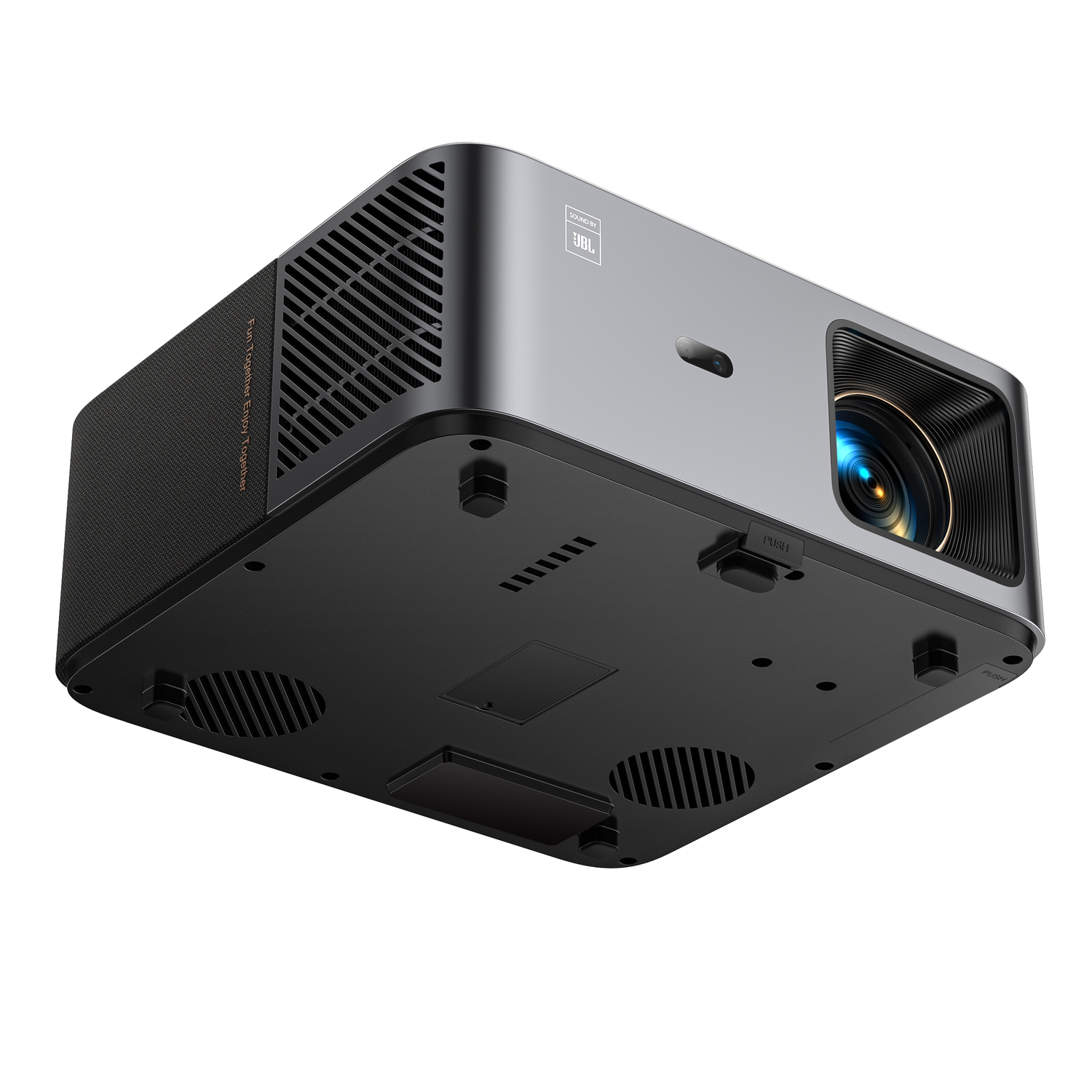 Projector with JBL audio, gray body, black top, and bottom with vents.