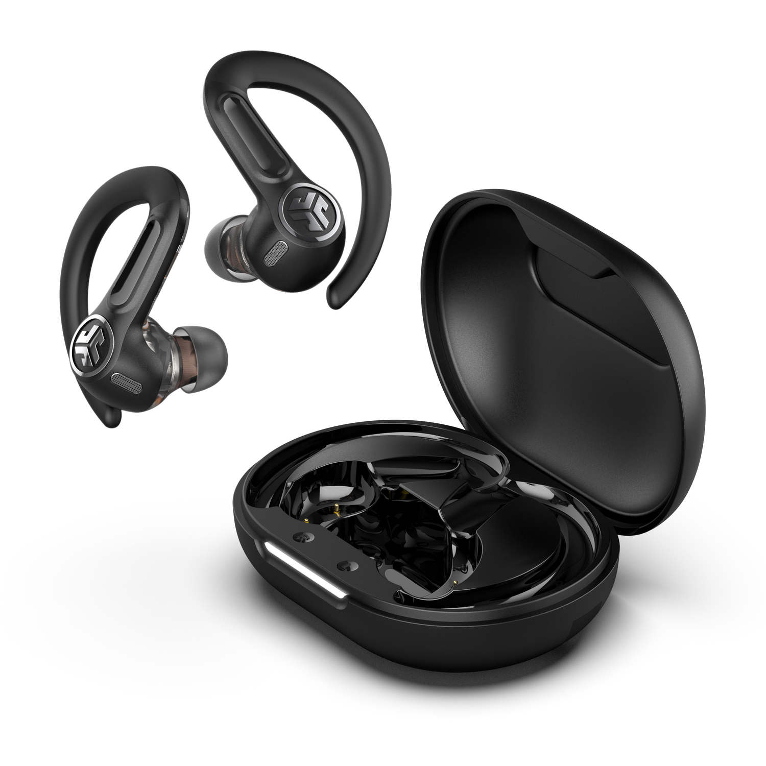 Black earbuds and charging case. One set is out of the case, one is in, and one is separate.
