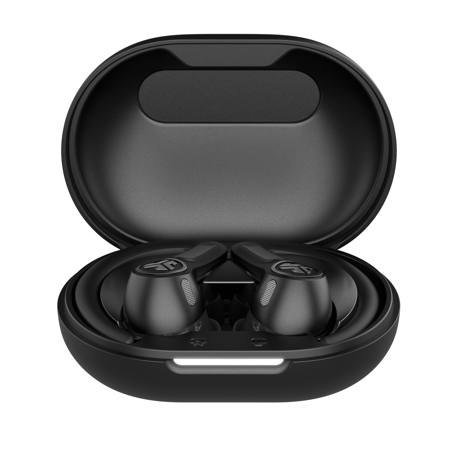 Black earbuds inside a black charging case. The case is open, showing the earbuds side by side.