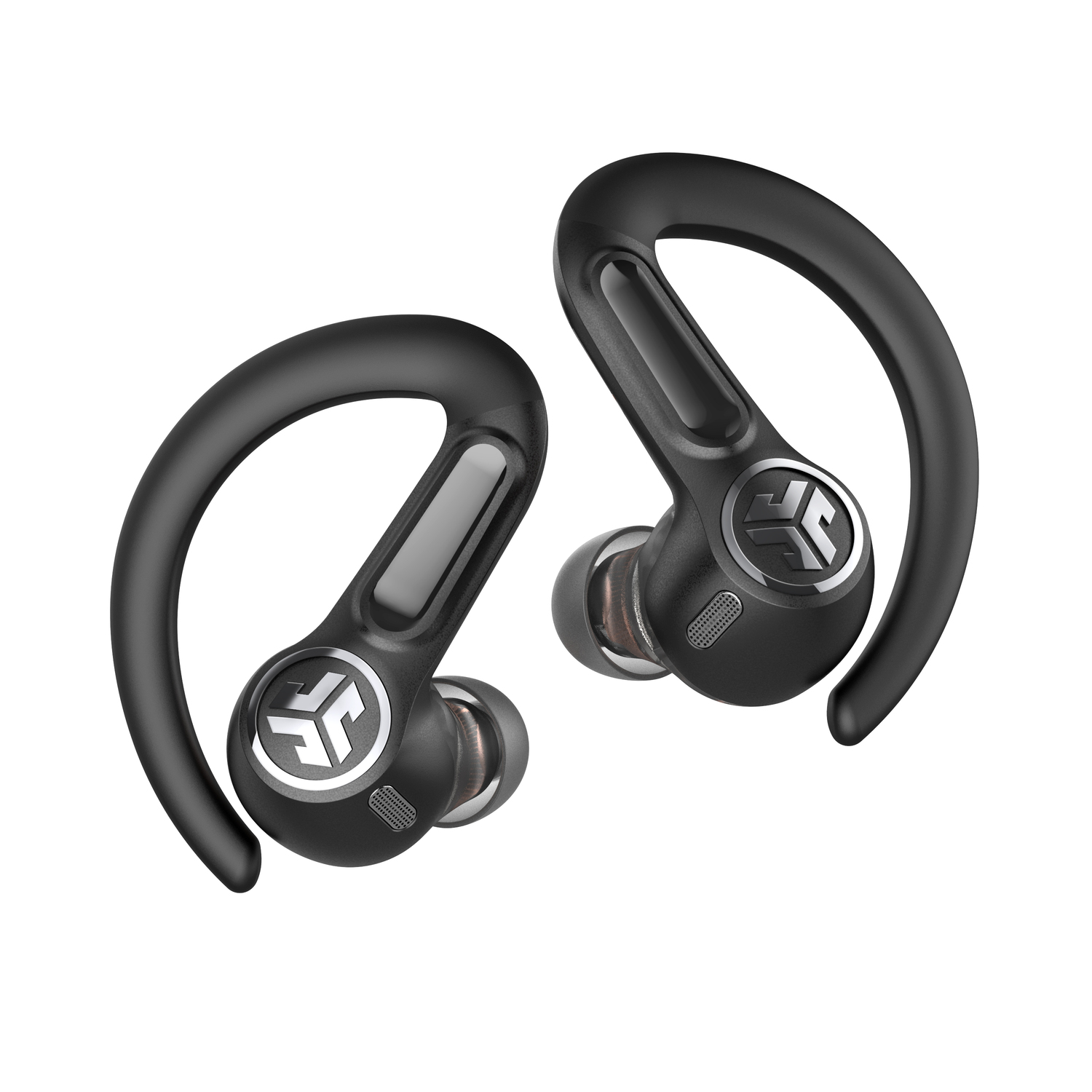 Black wireless earbuds with ear hooks on white background.