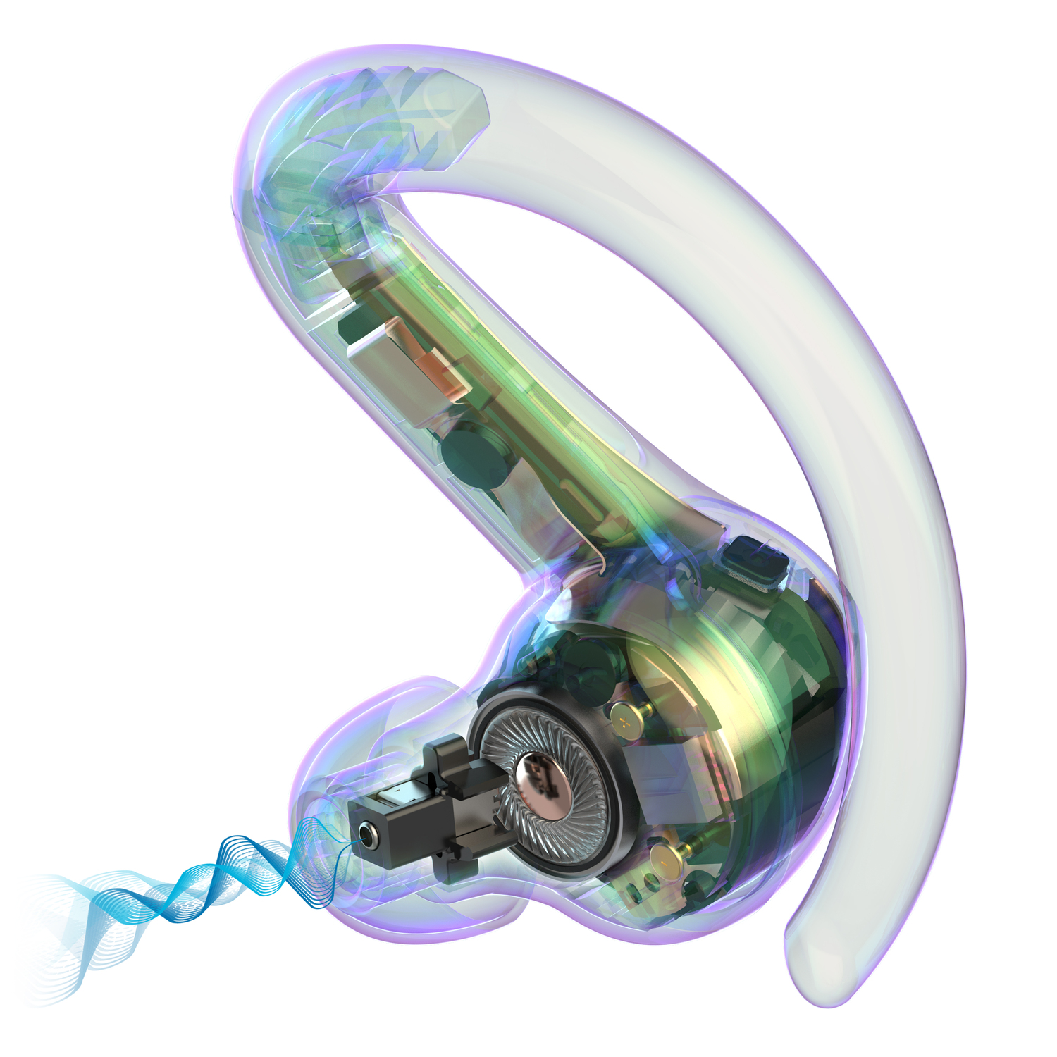 Earbud with translucent design, showing internal components. Blue sound wave.