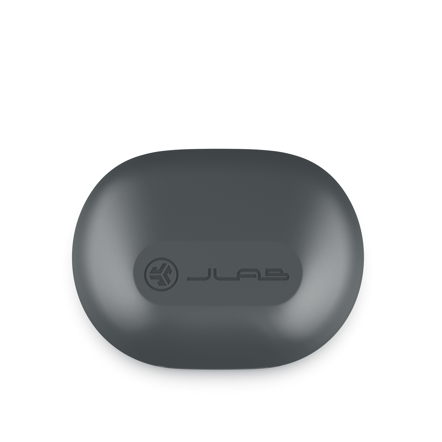 Étui d'écouteurs gris avec le logo JLab, de forme ovale sur fond blanc.