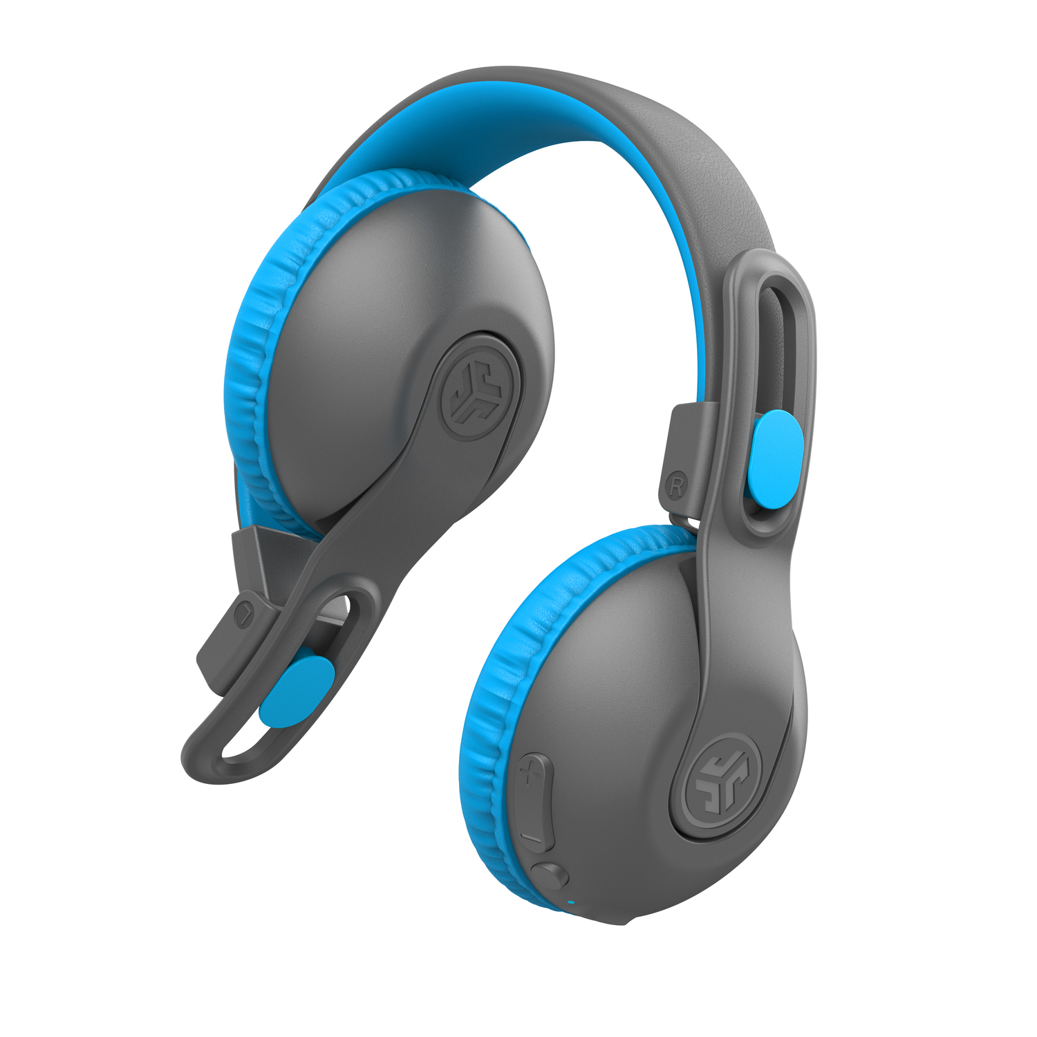 Grijze koptelefoon met blauwe accenten. Oorschelpen en hoofdband met blauwe rand.