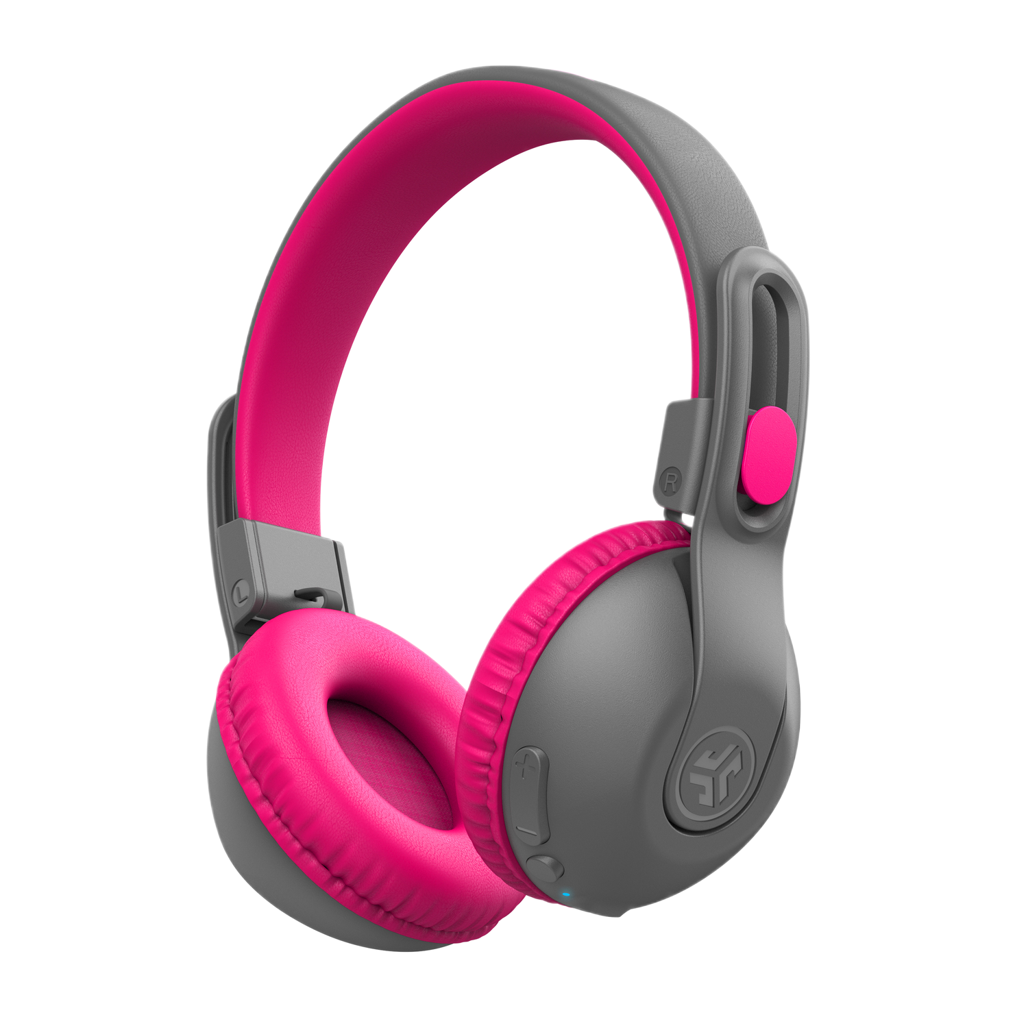 Grijze en roze JLab koptelefoon. Het zijn over-ear koptelefoons met roze oorschelpen.