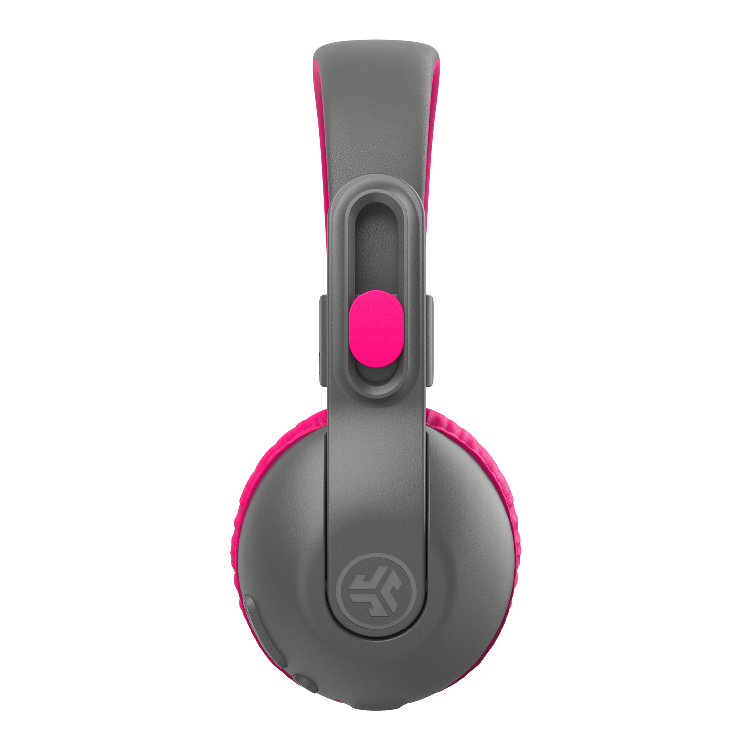 Grijze en roze koptelefoon. De hoofdband is grijs en de oorschelpen zijn roze.