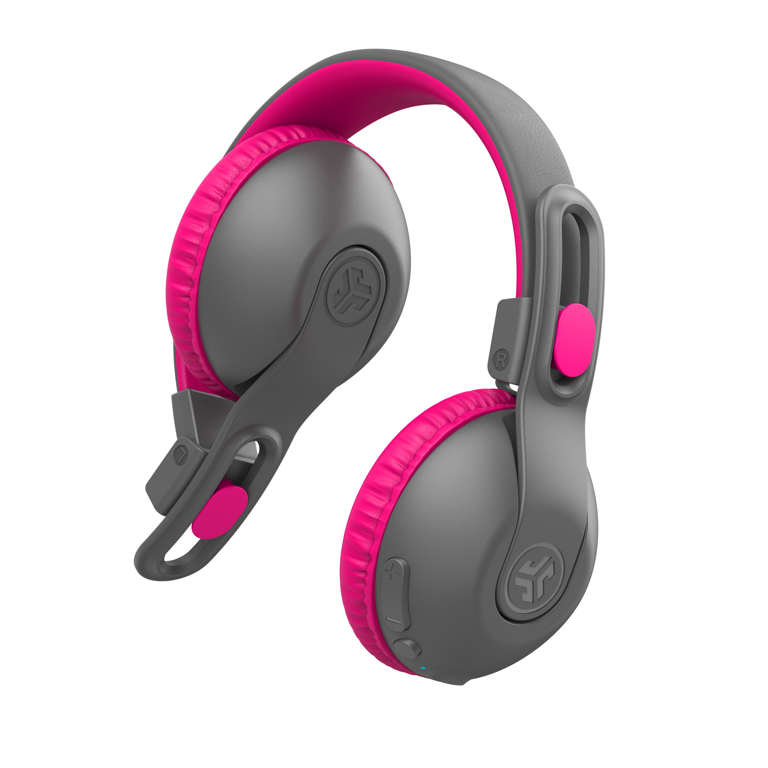Grijze en roze koptelefoon, met oorschelpen en een hoofdband.