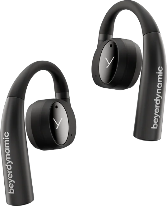 Schwarze Beyerdynamic Sportkopfhörer, mit Ohrbügeln, der Markenname seitlich sichtbar.