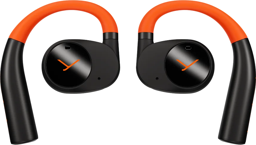 Schwarze und orangefarbene Sportkopfhörer. Die Ohrbügel sind orange, die Ohrmuscheln sind schwarz.