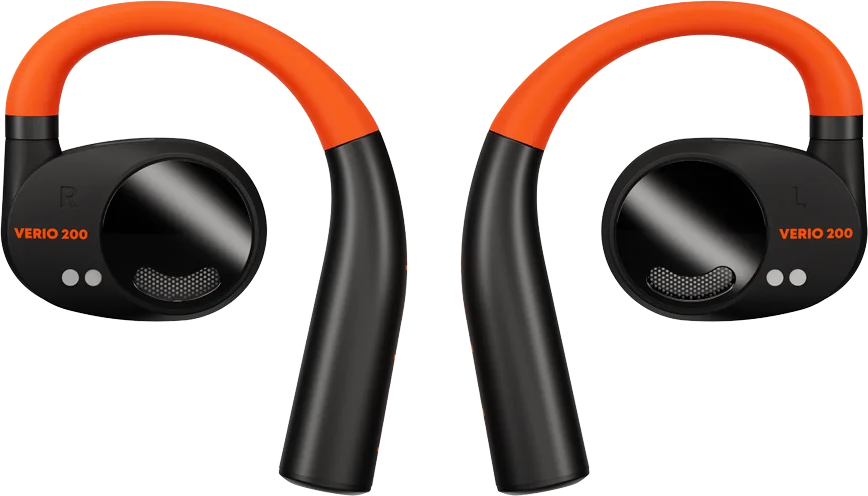 Zwei Verio 200 Kopfhörer. Orange Ohrbügel, schwarze Ohrmuscheln und Text: Verio 200.