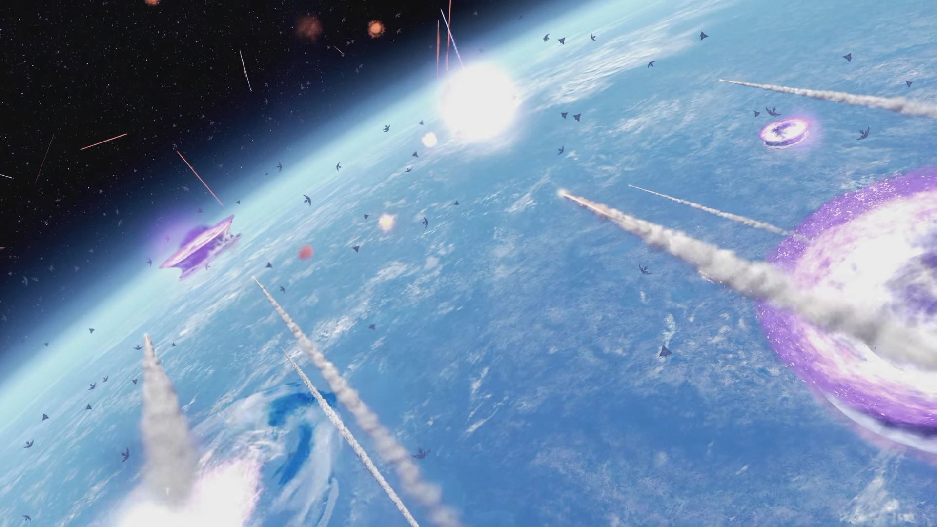 Vue aérienne d'une planète attaquée. Vaisseaux spatiaux tirant sur la planète, explosions et débris.