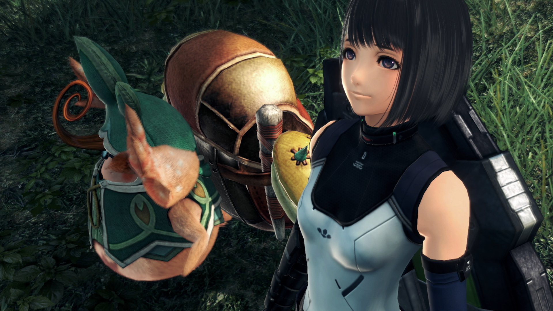 Une femme et une créature, dans une scène de jeu vidéo.