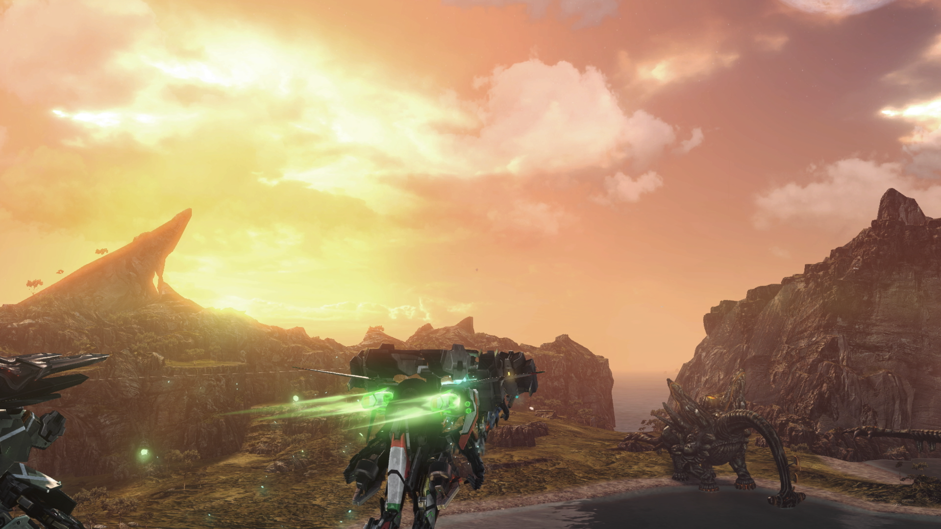 Paysage de science-fiction avec un véhicule futuriste survolant un terrain rocheux au coucher du soleil.