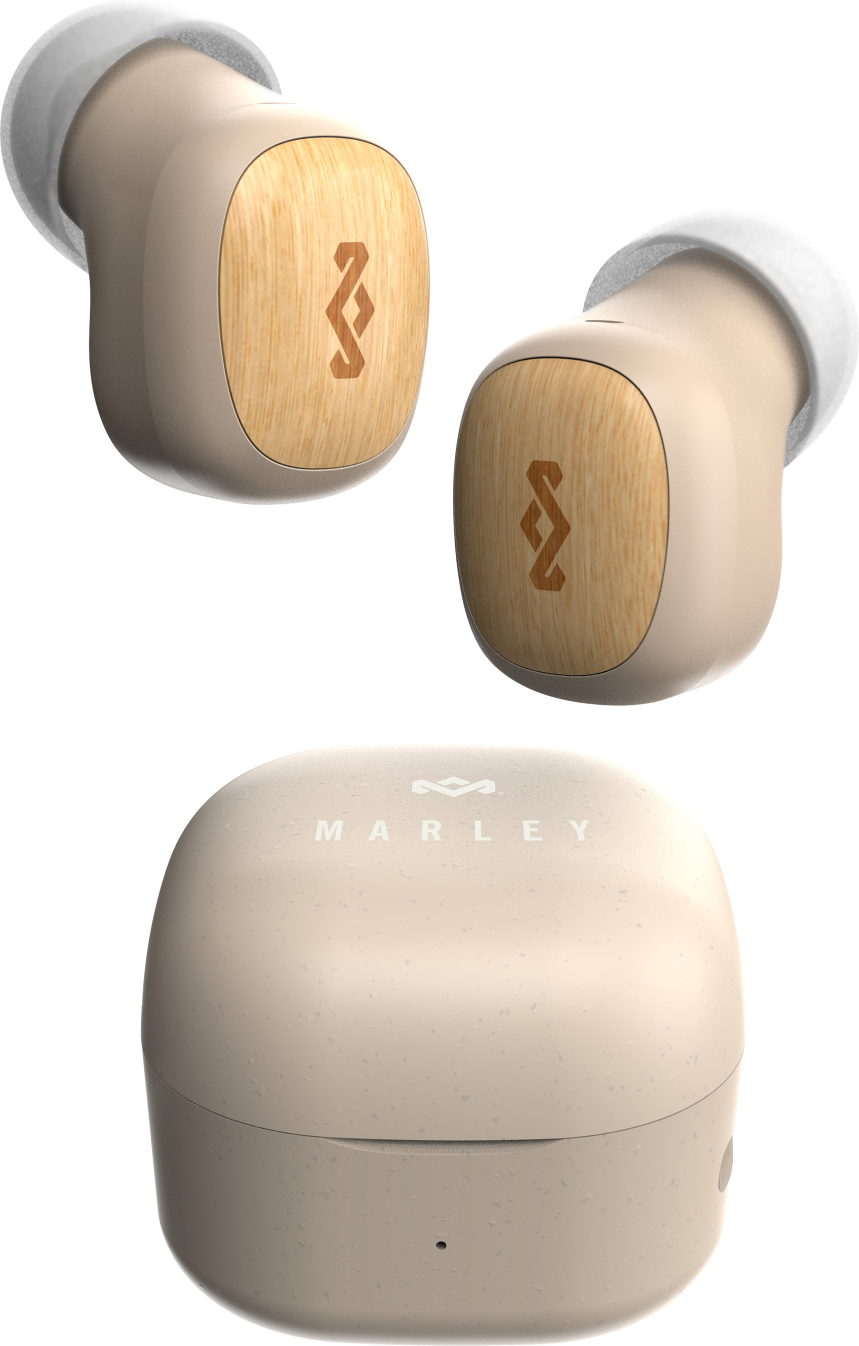 Beige kabellose Ohrhörer und Ladecase mit Marley-Logo, Holzoptik.