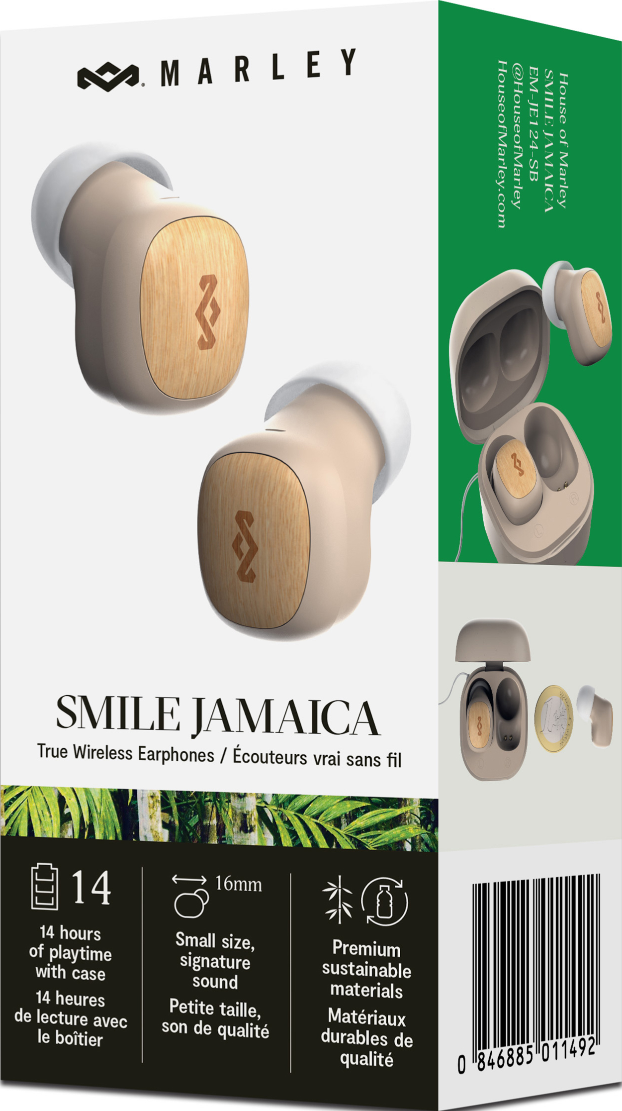 Schachtel mit Marley Smile Jamaica True Wireless-Kopfhörern, mit Ohrhörern und Produktdetails.