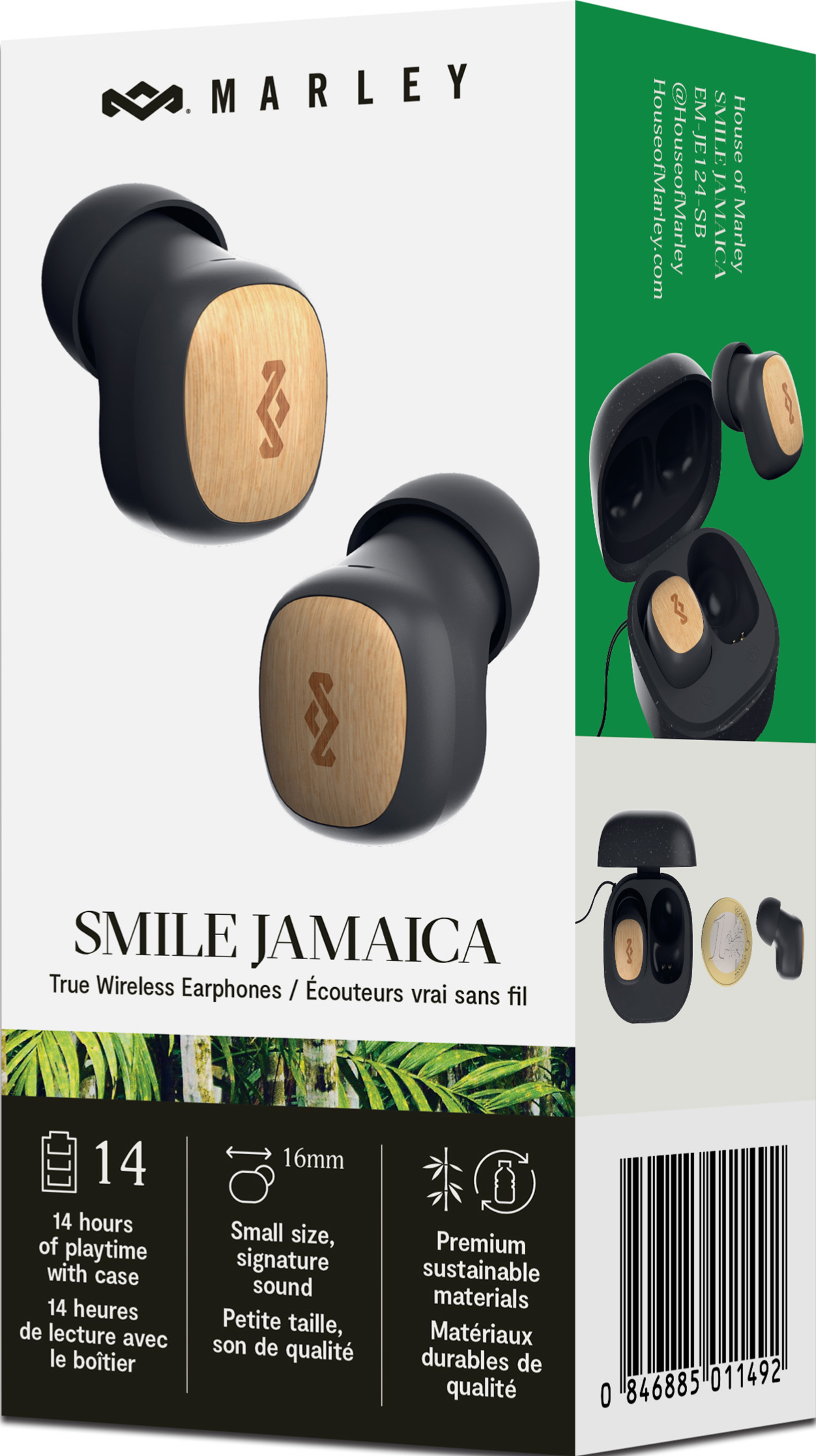 Ohrhörer in einer Hülle mit dem Marley-Logo und Verpackung.