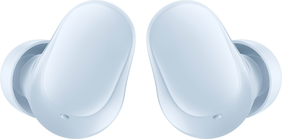 Écouteurs bleu clair, deux unités, légèrement inclinés vers la caméra, sur fond blanc.