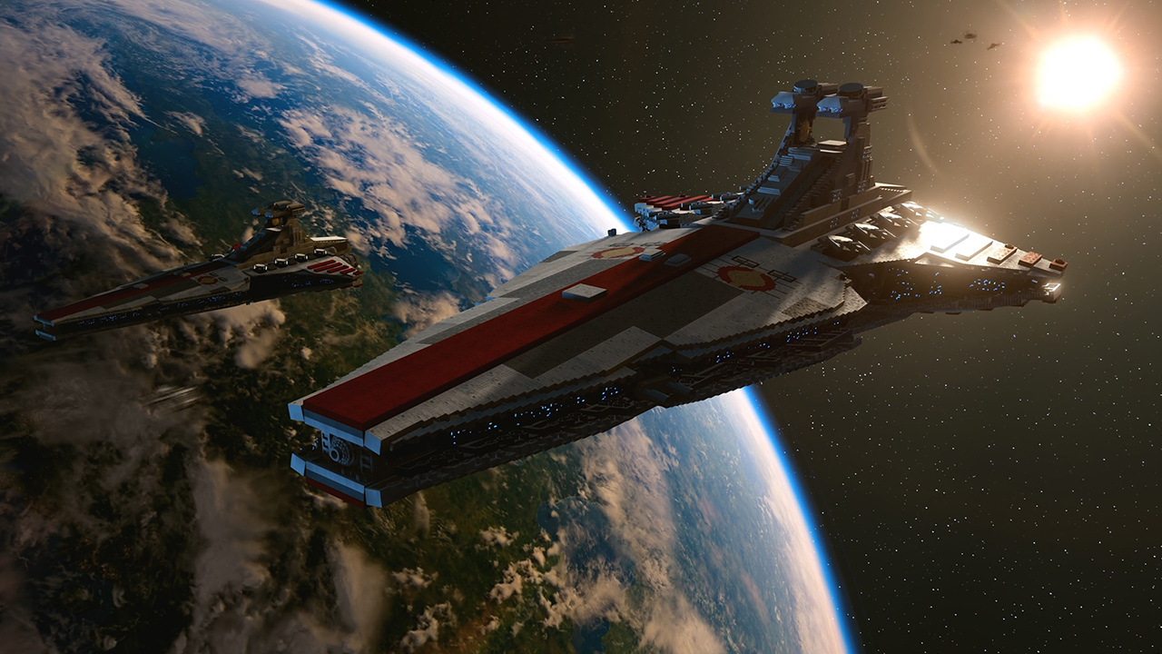 Due astronavi di Star Wars che volano vicino a un pianeta. Una nave è più grande e rossa e bianca.
