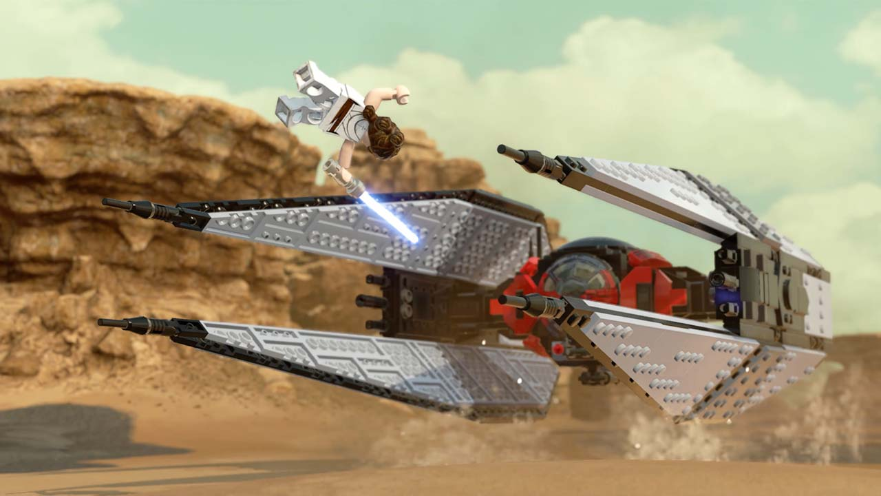 Scena Lego Star Wars. Una figura Lego a mezz'aria. Un'astronave Lego nella scena.