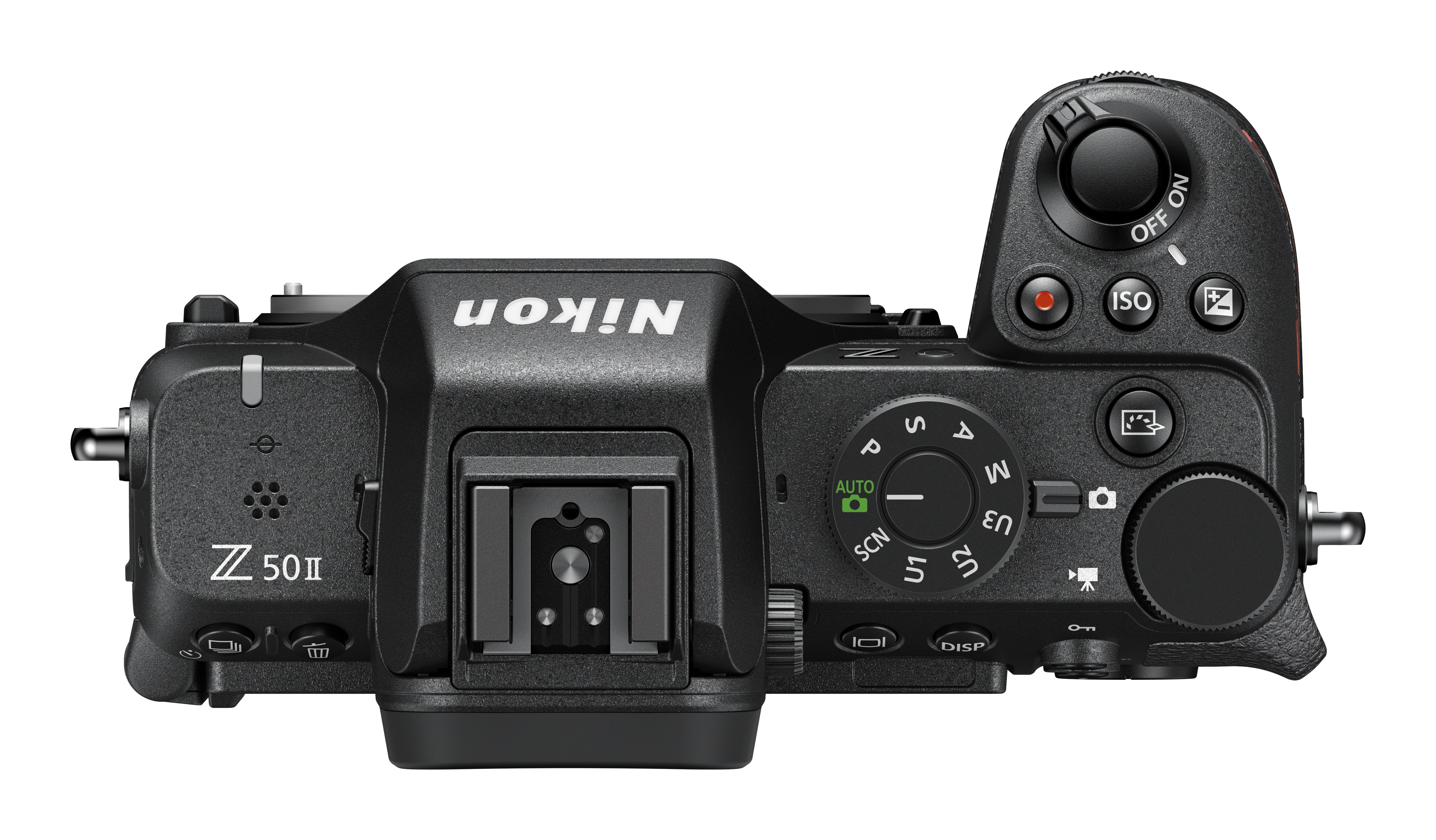 Draufsicht auf eine schwarze Nikon Z 50 II Kamera. Die Kamera hat ein schwarzes Gehäuse mit mehreren Knöpfen und Rädern.