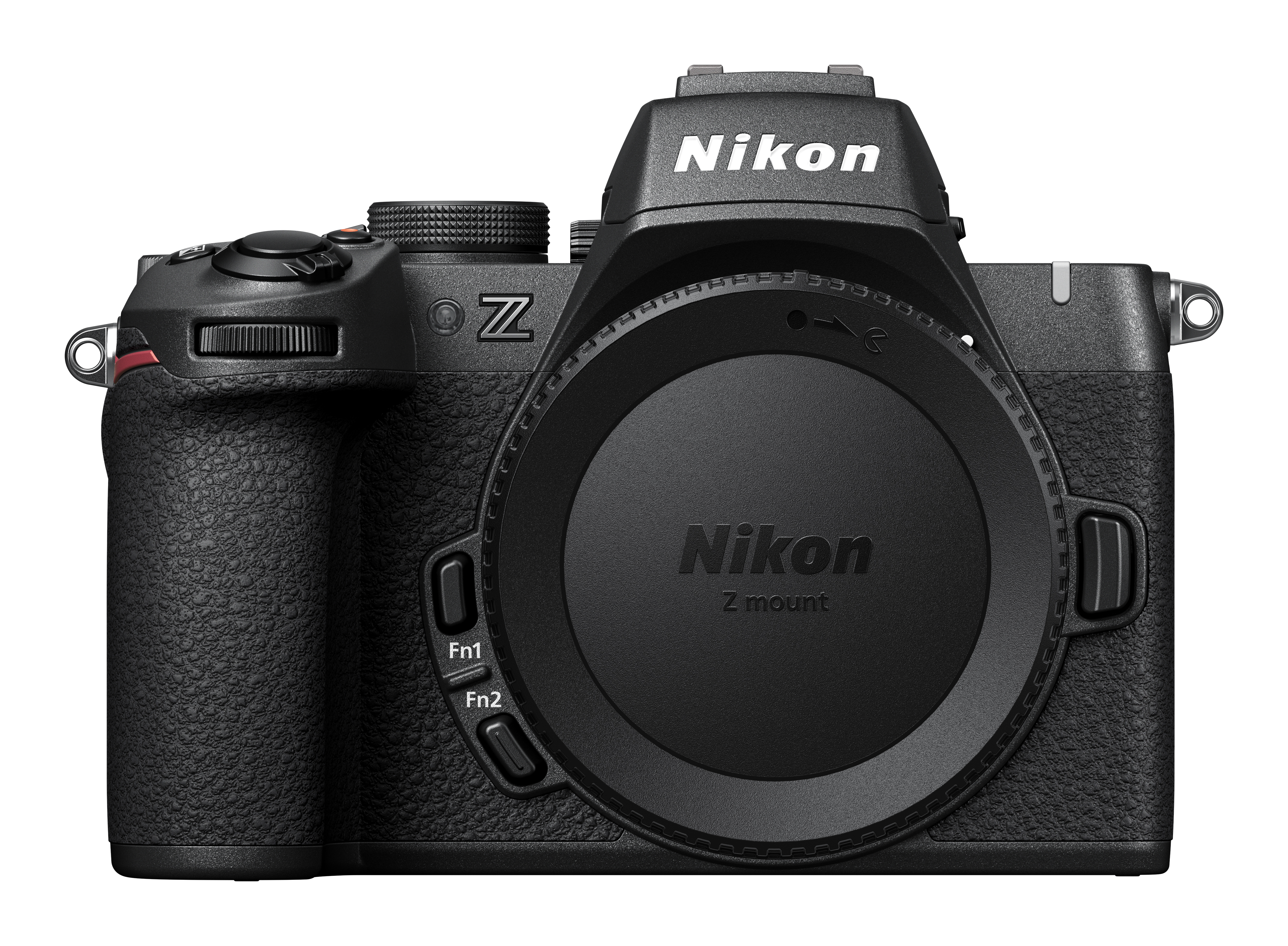 Eine schwarze Nikon Z-Serie Kamera, Vorderansicht. Der Objektivdeckel ist angebracht.