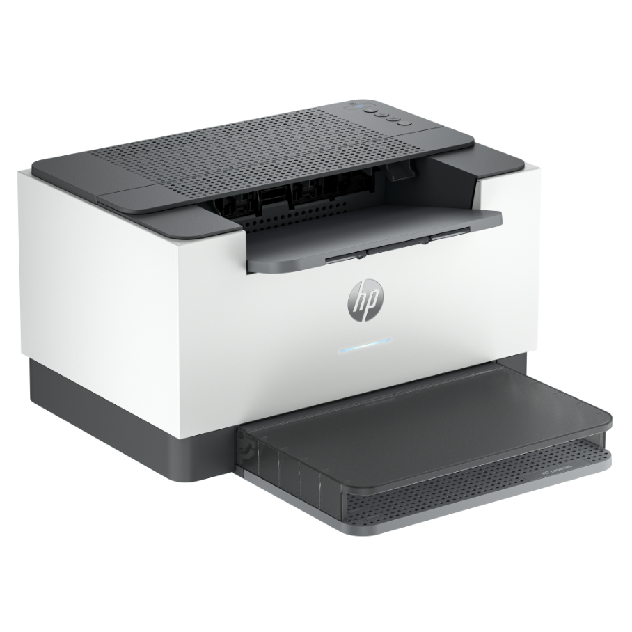 Impresora HP blanca con tapa y bandeja de papel negras. El logotipo de HP está en la parte delantera.