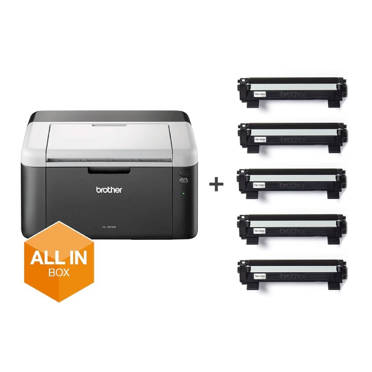 Una stampante Brother in bianco e nero con 5 cartucce di toner nero, la scatola ha il testo 'ALL IN BOX'.