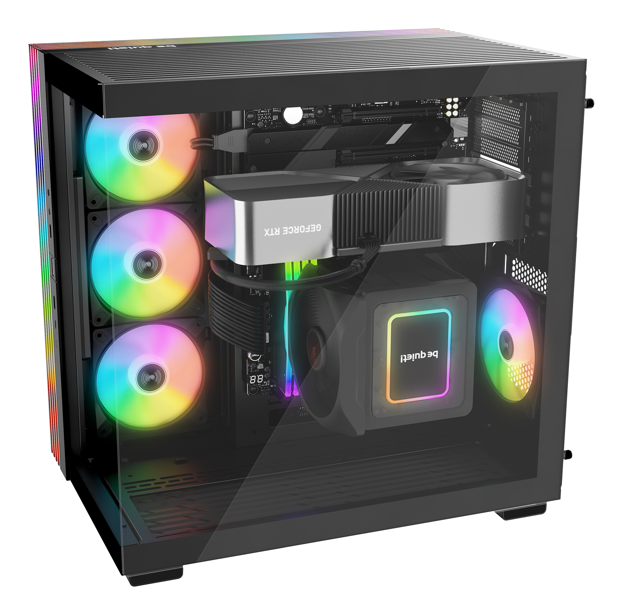 Gaming-PC-Komponenten: GPU, CPU-Kühler und farbenfrohe Lüfter in einem Glasgehäuse.